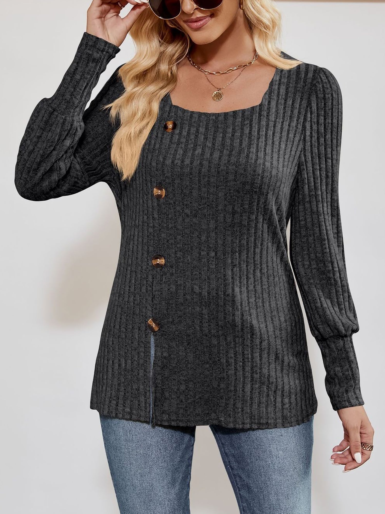 Square Neck Long Sleeve Button Decor Split Blouse