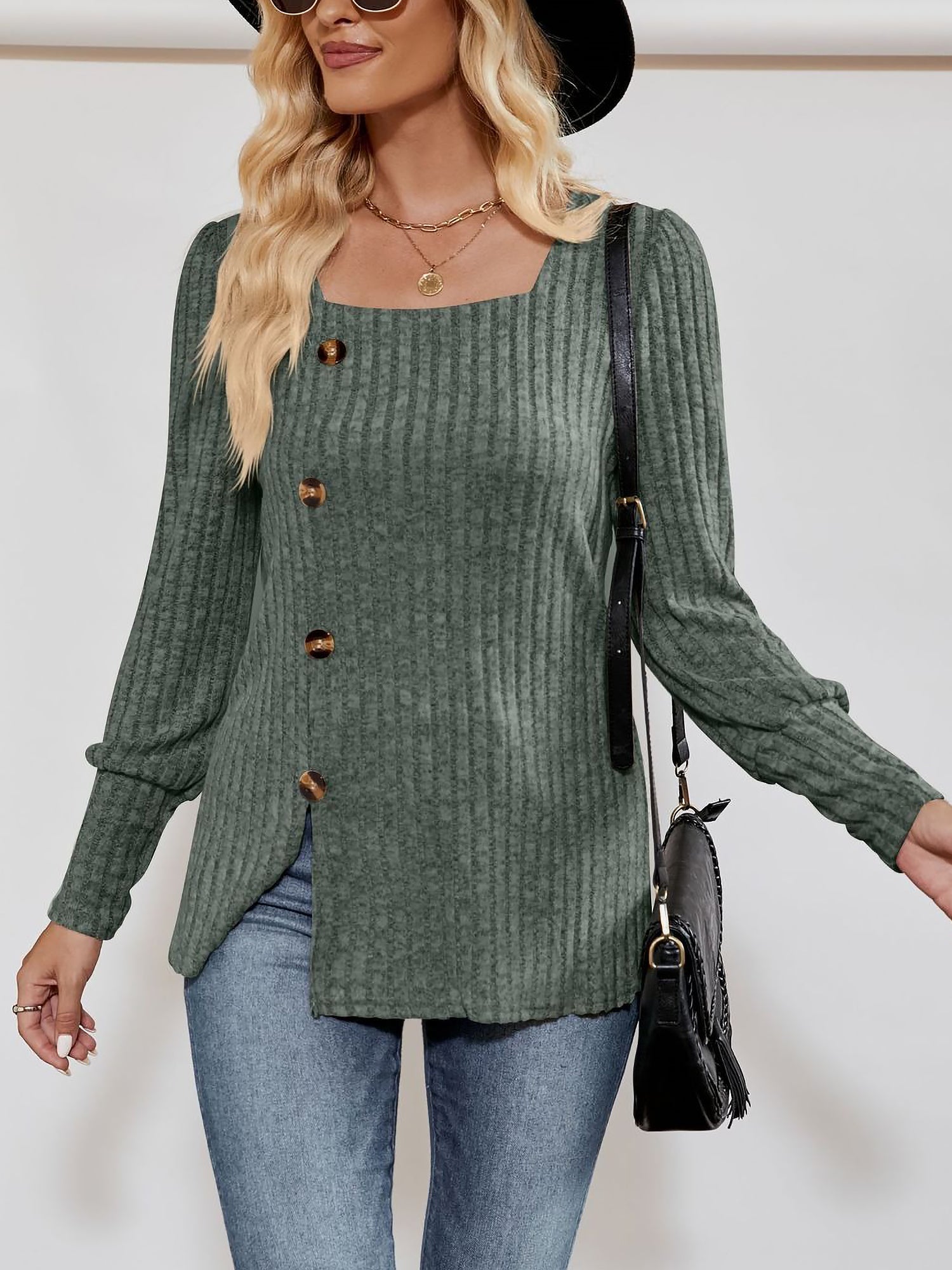 Square Neck Long Sleeve Button Decor Split Blouse