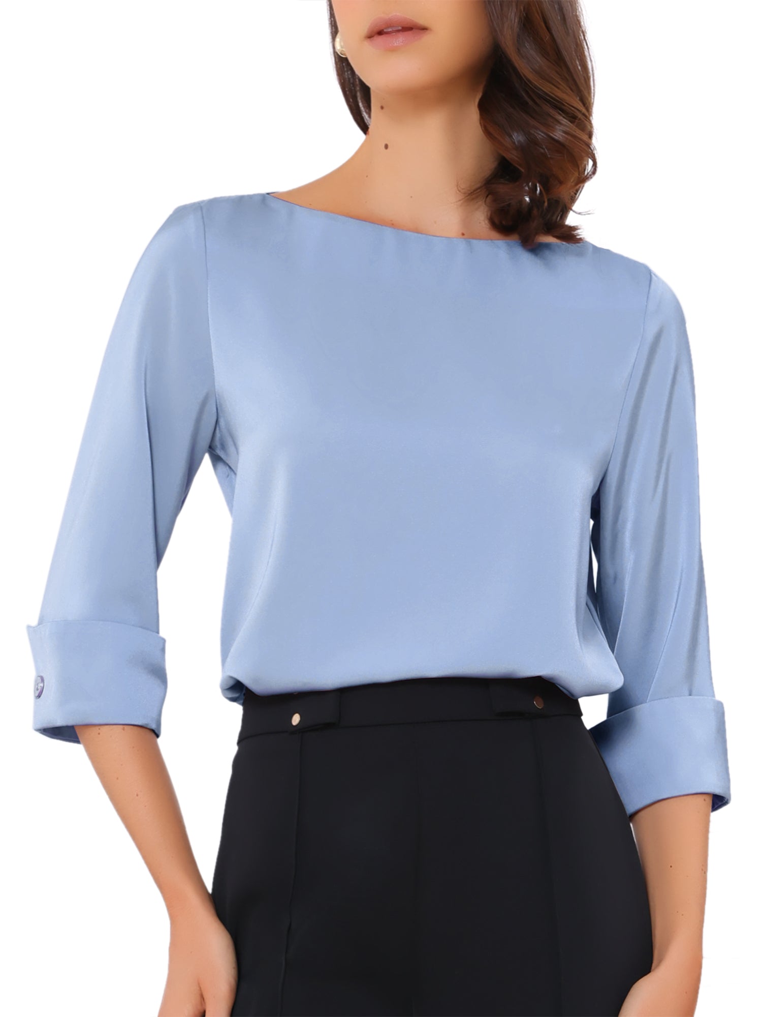 Dressy Casual Boat Neck 3/4 Sleeve Work Satin Blouse