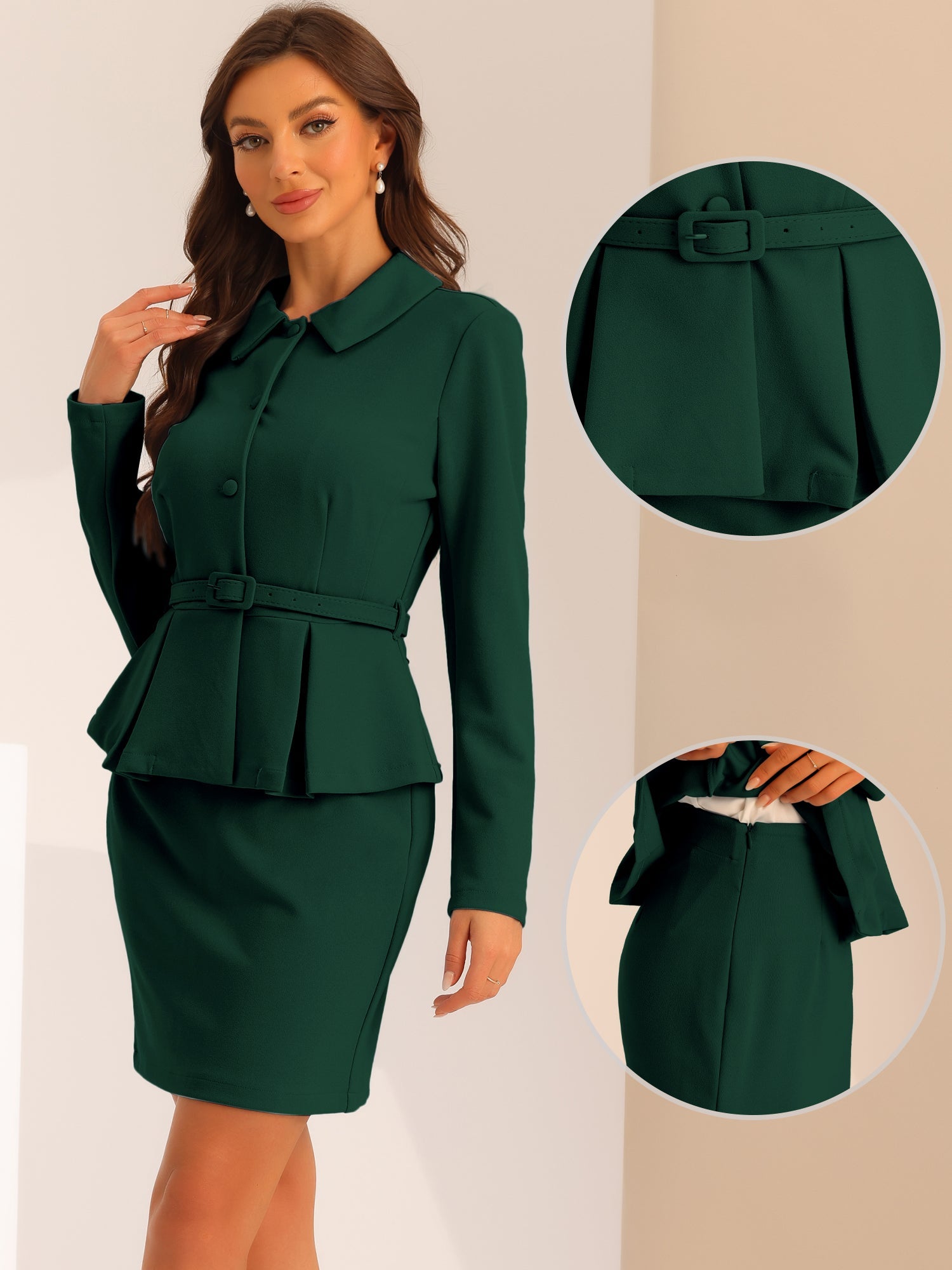 2pc Business Suits Belted Peplum Blazer Jacket and Pencil Skirt Sets