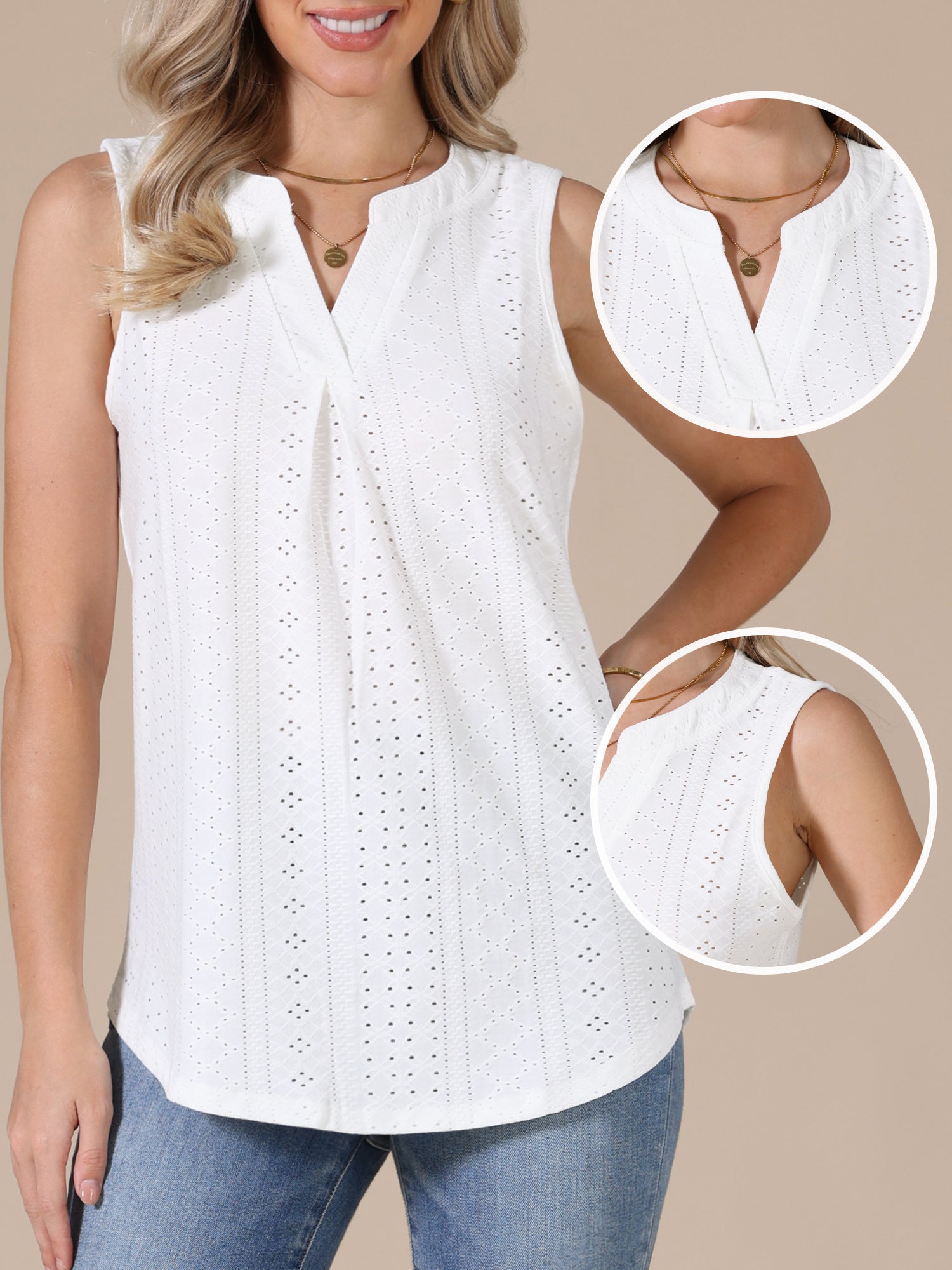 Eyelet Sleeveless Notch Neck Loose Fit Casual Tank Top
