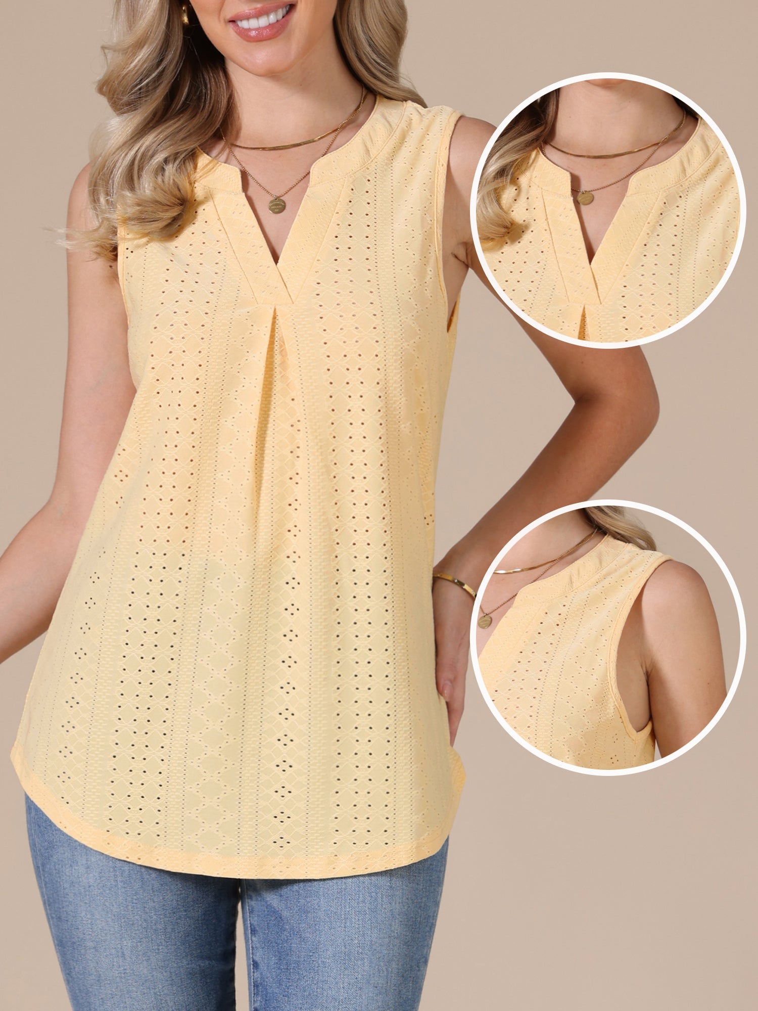 Eyelet Sleeveless Notch Neck Loose Fit Casual Tank Top
