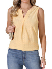 Eyelet Sleeveless Notch Neck Loose Fit Casual Tank Top