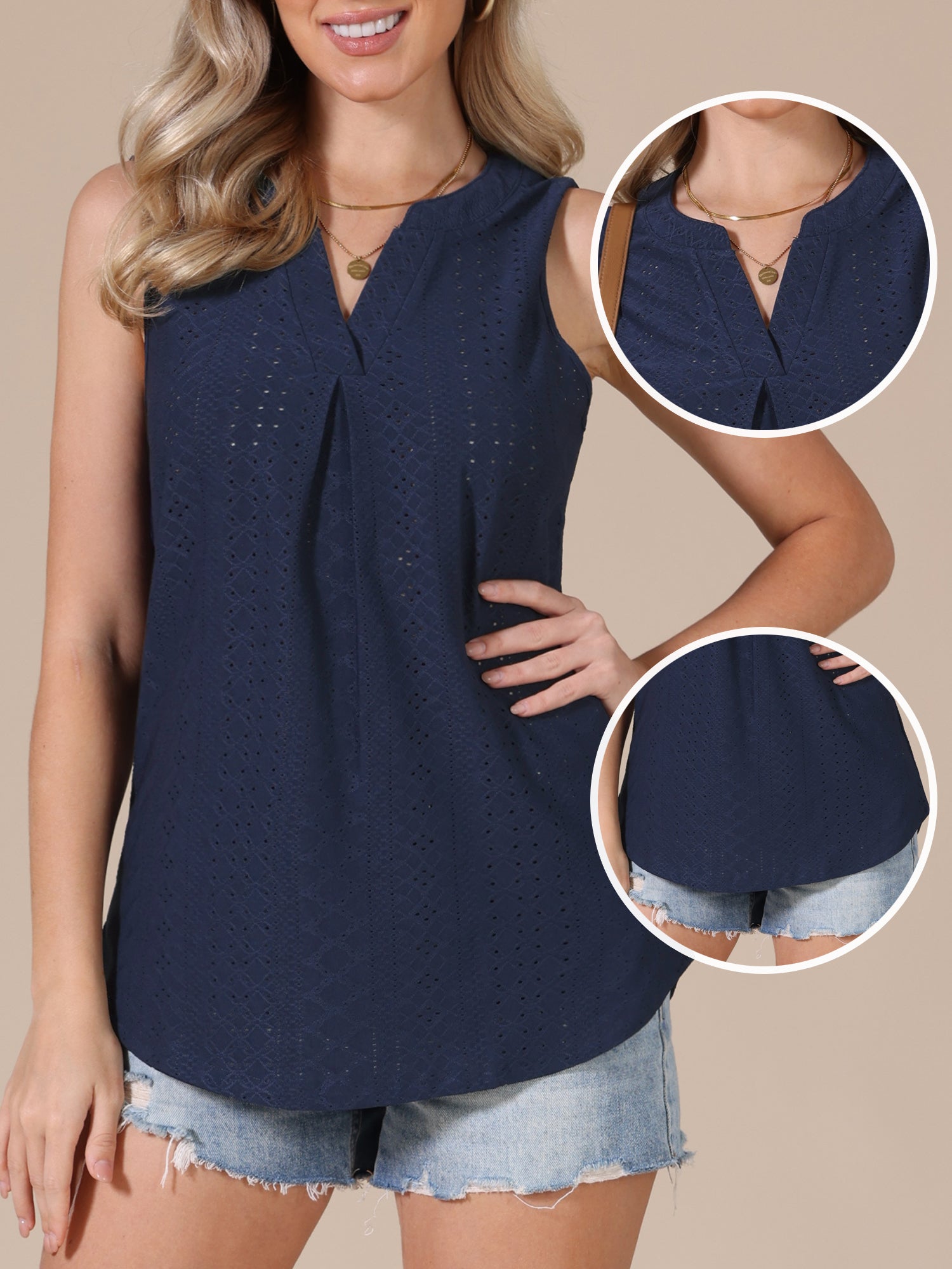 Eyelet Sleeveless Notch Neck Loose Fit Casual Tank Top