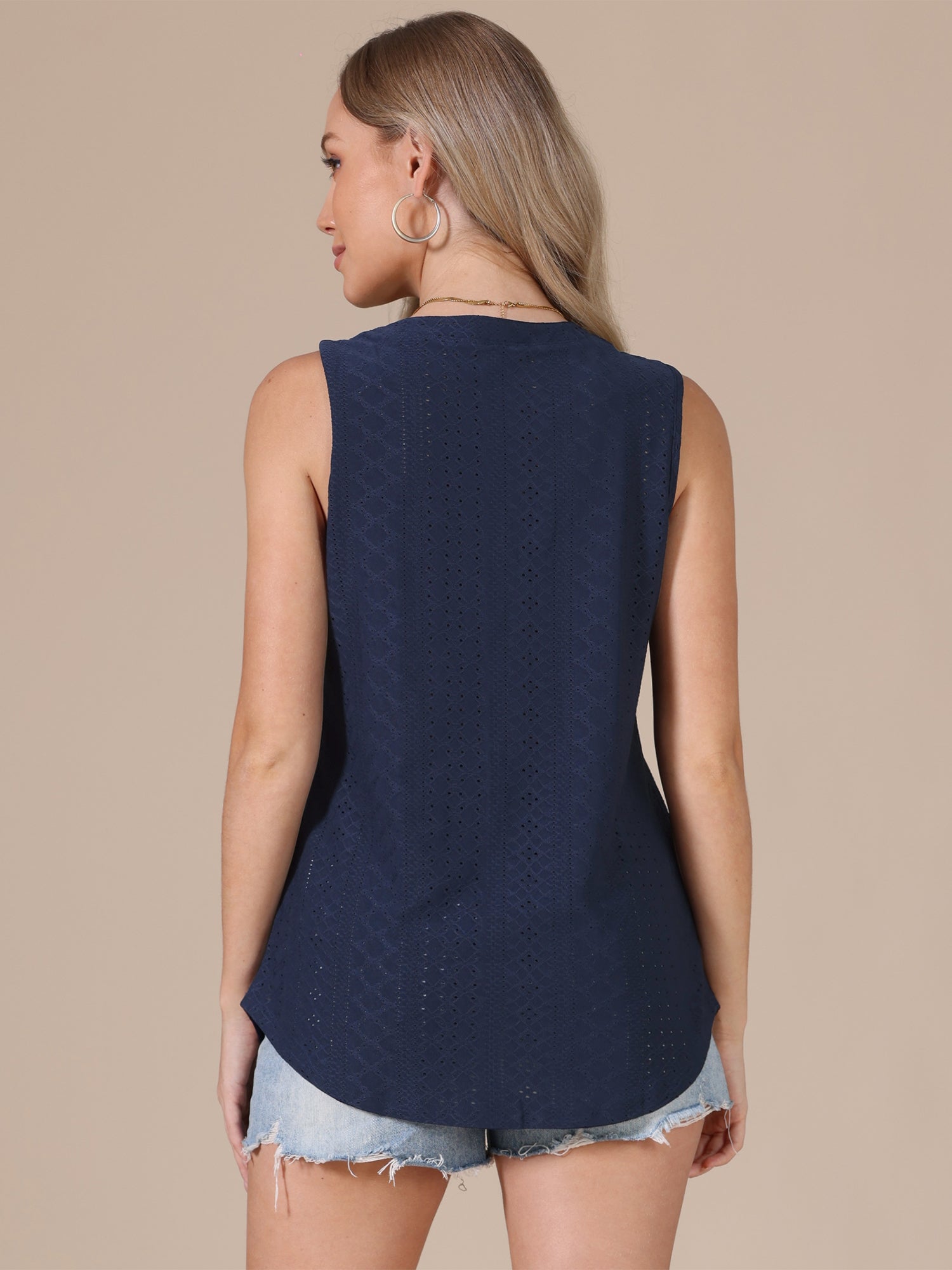 Eyelet Sleeveless Notch Neck Loose Fit Casual Tank Top