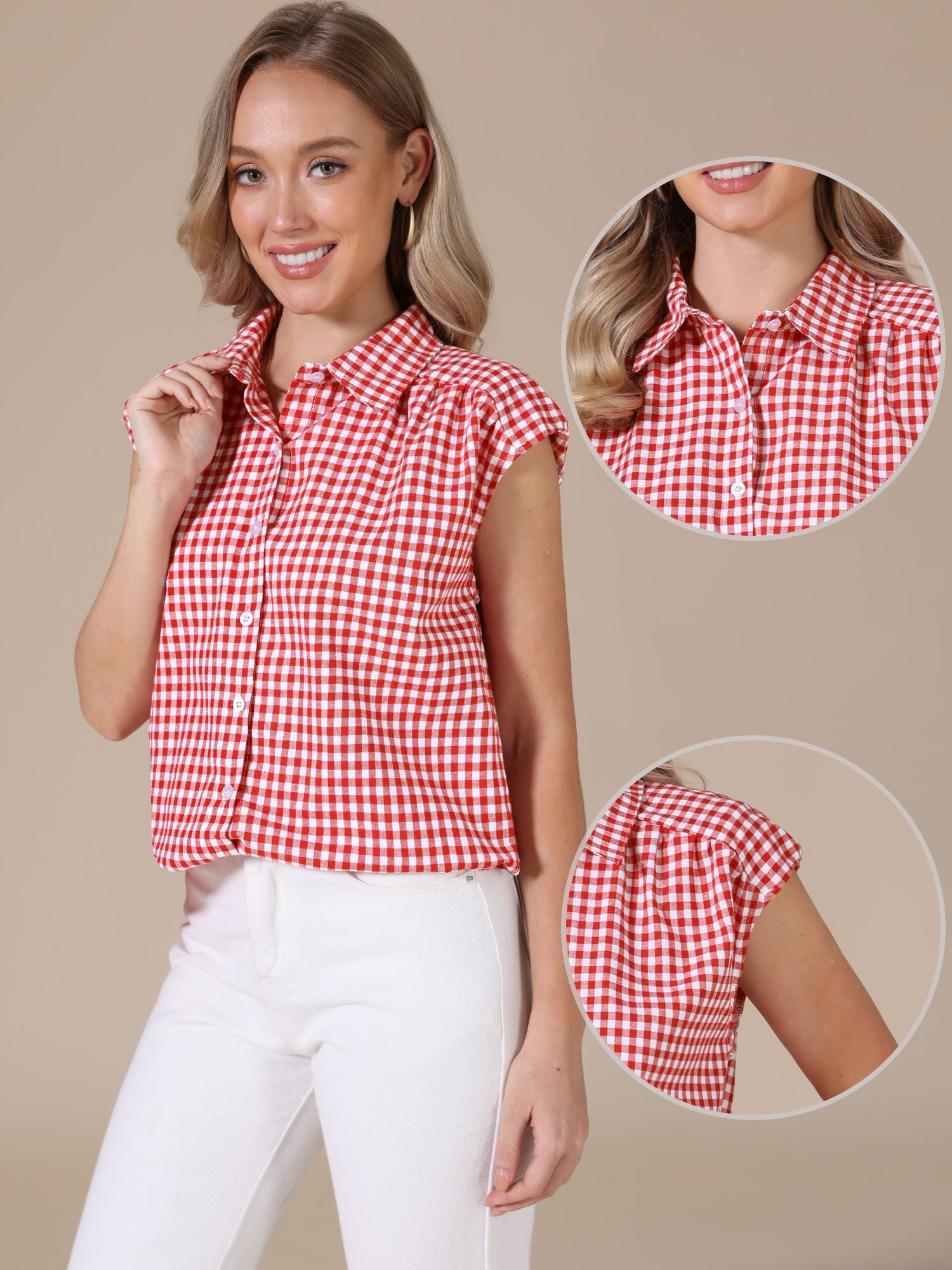 Gingham Cap Sleeves Button Down Blouse