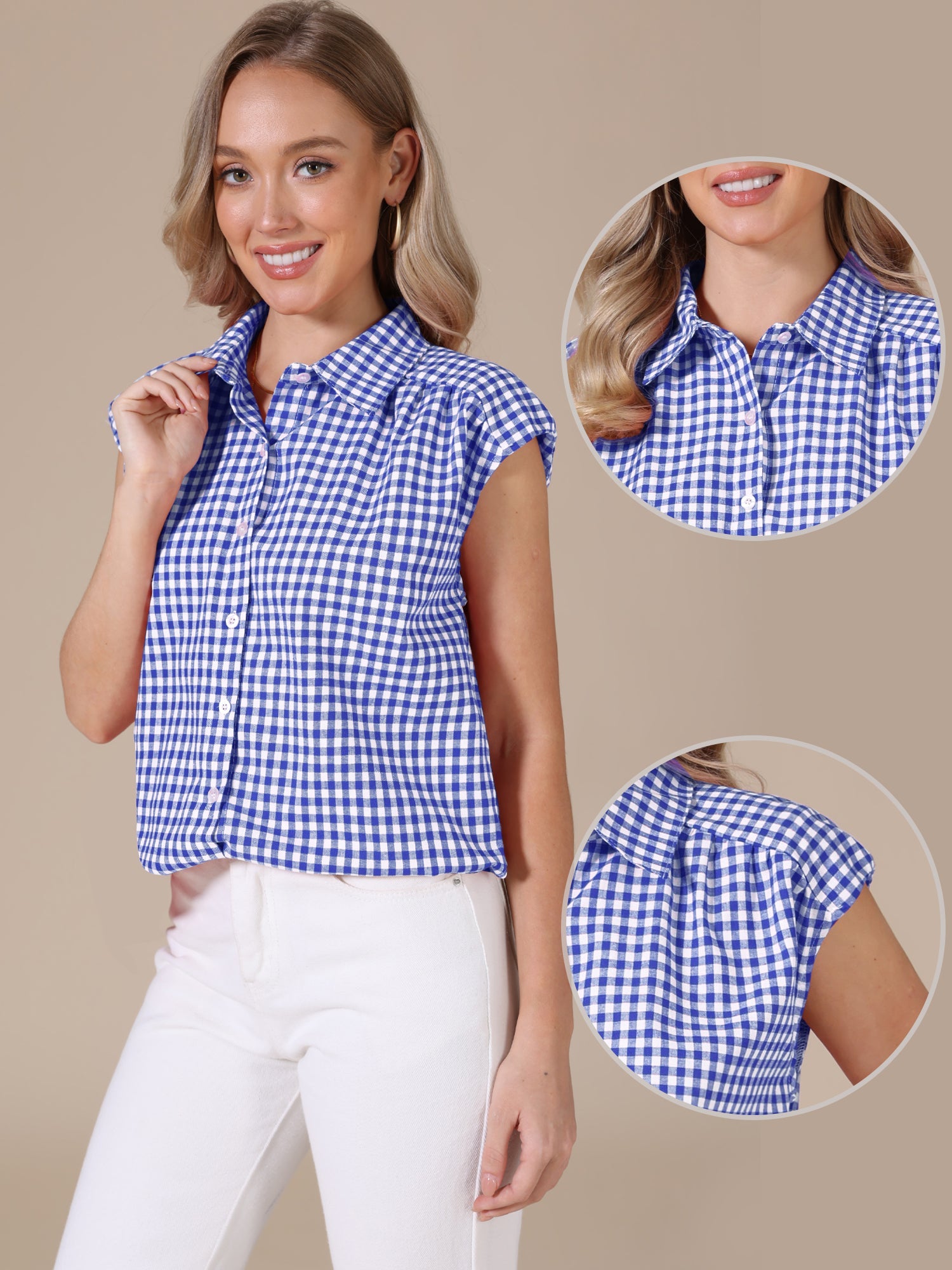 Gingham Cap Sleeves Button Down Blouse