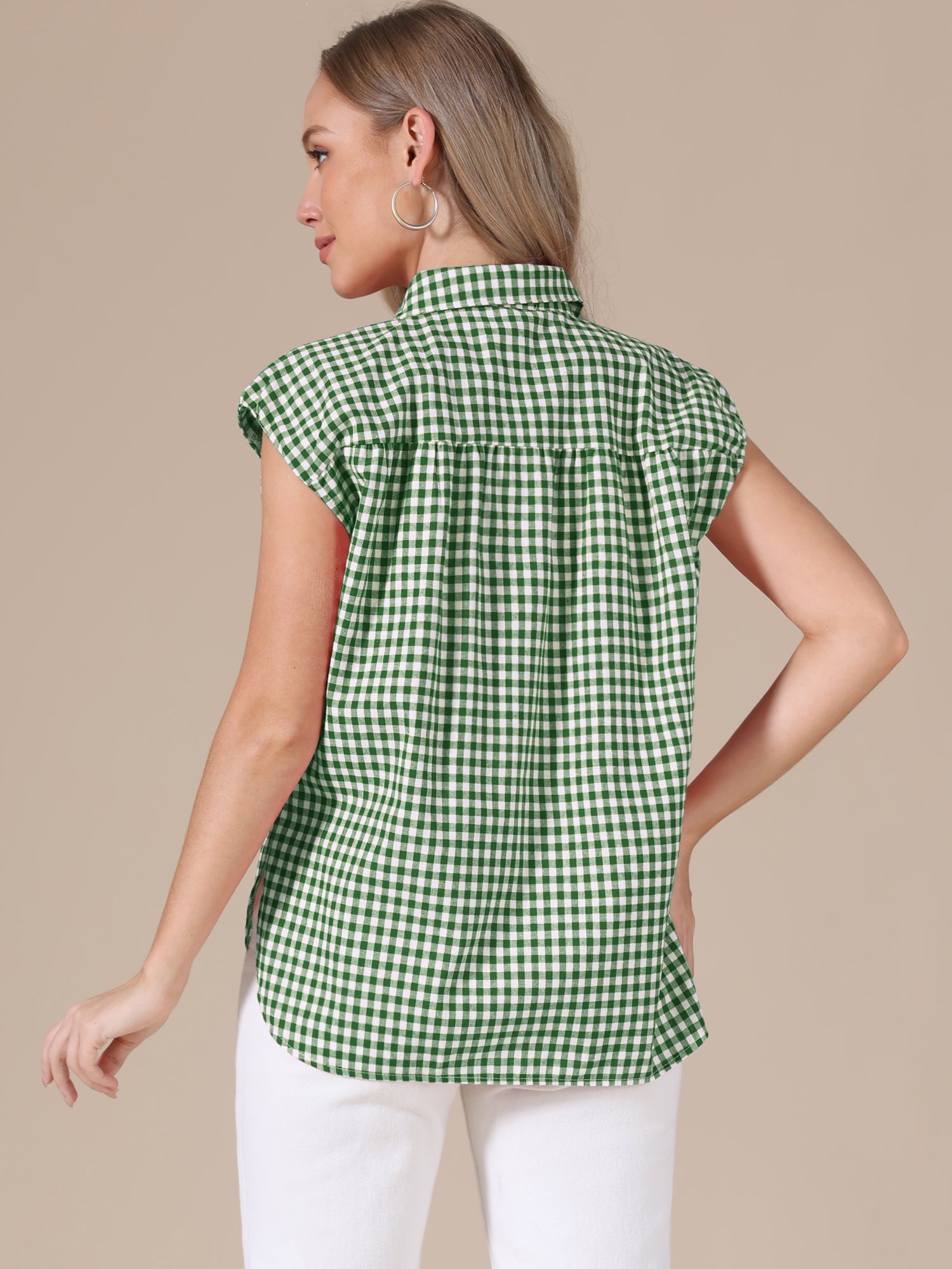 Gingham Cap Sleeves Button Down Blouse
