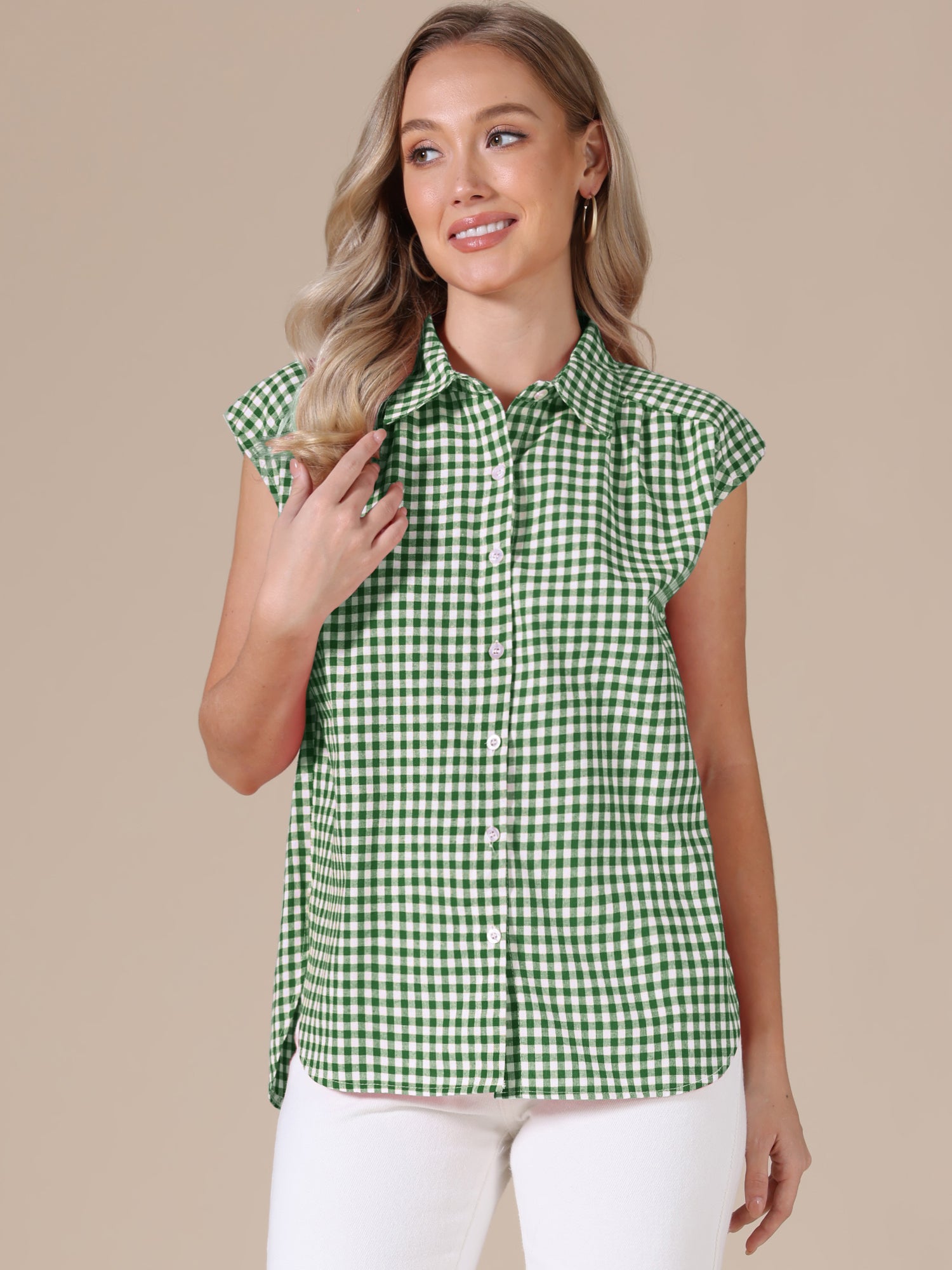 Gingham Cap Sleeves Button Down Blouse