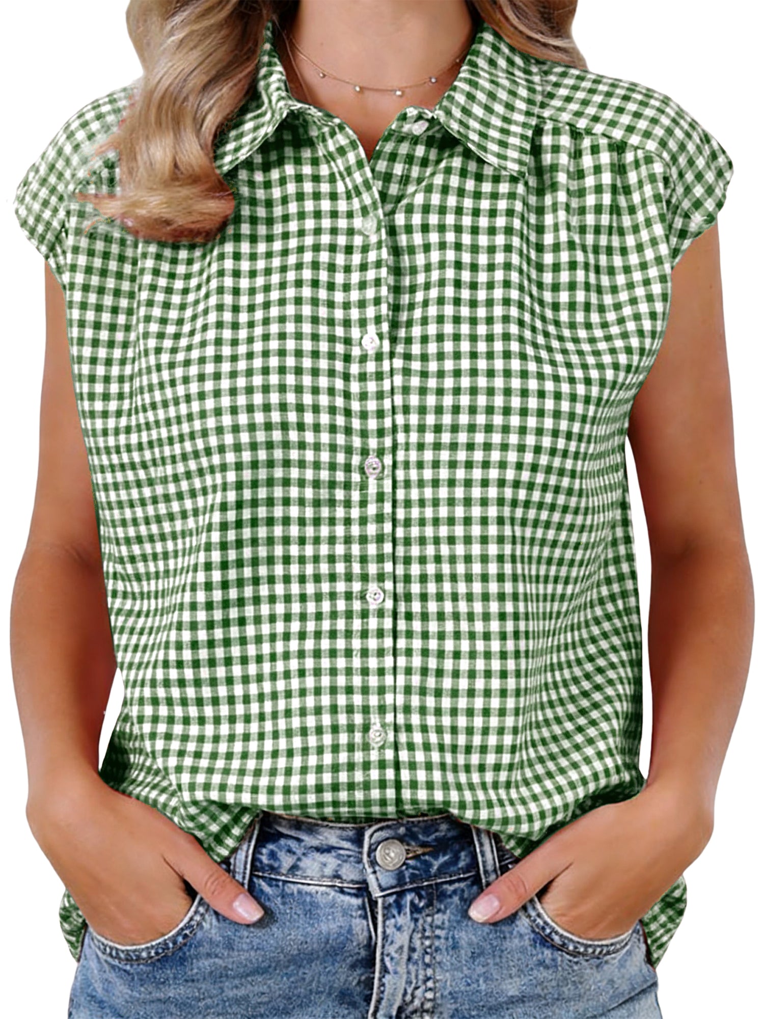 Gingham Cap Sleeves Button Down Blouse