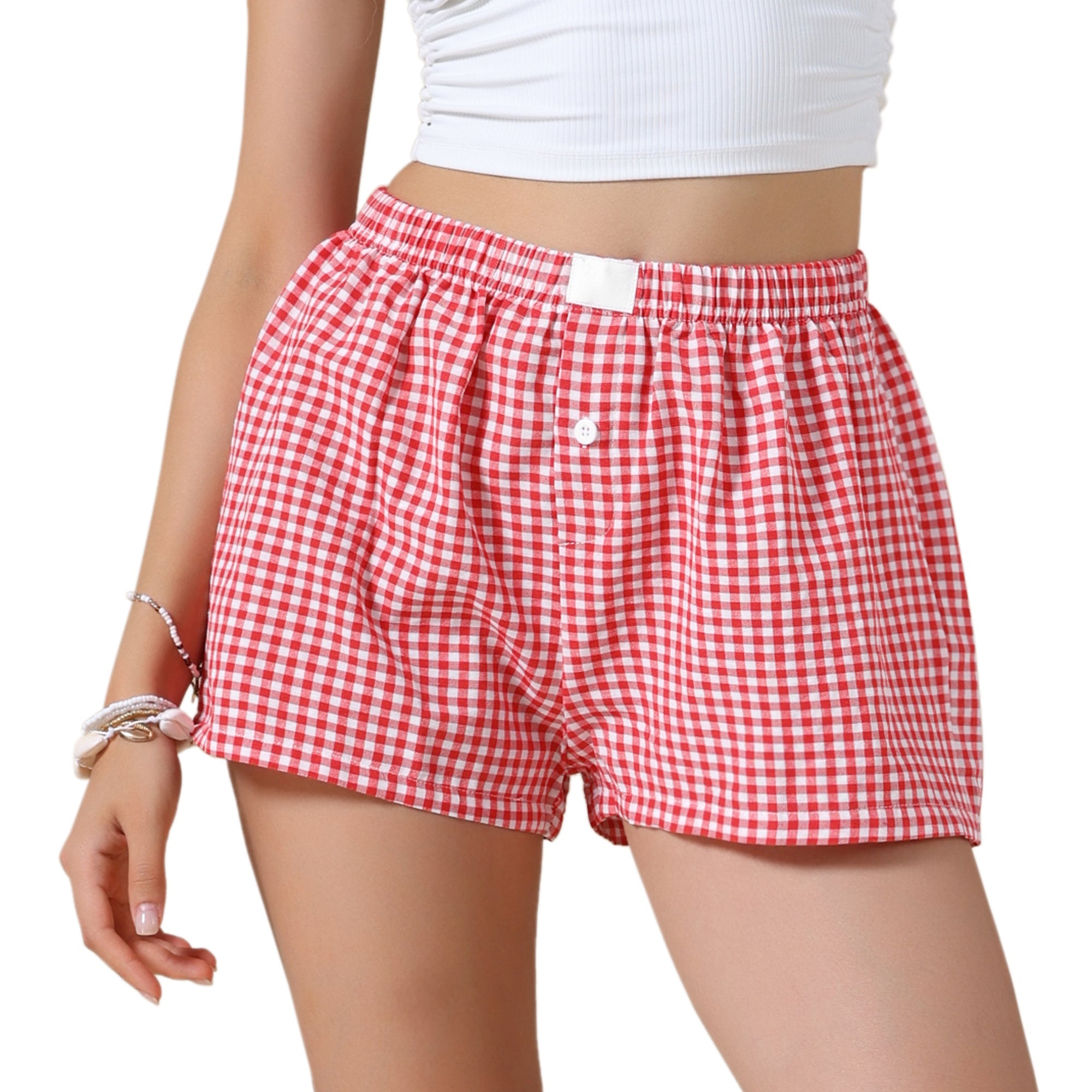Gingham Buttons Comfy Breathable Beach Casual Shorts