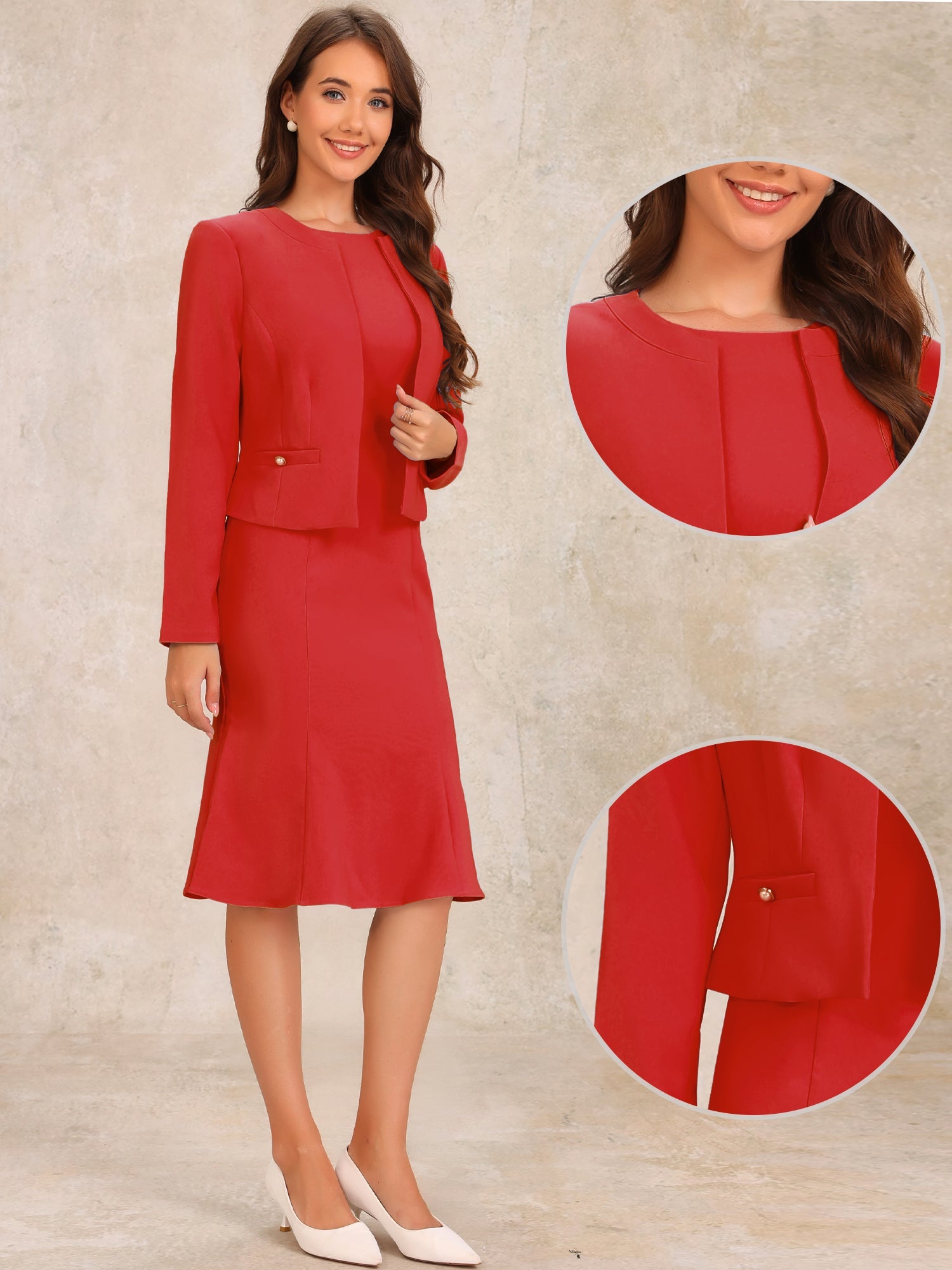 2 Pieces Long Sleeves Collarless Jacket & Sleeveless Fishtail Midi Dress Sets