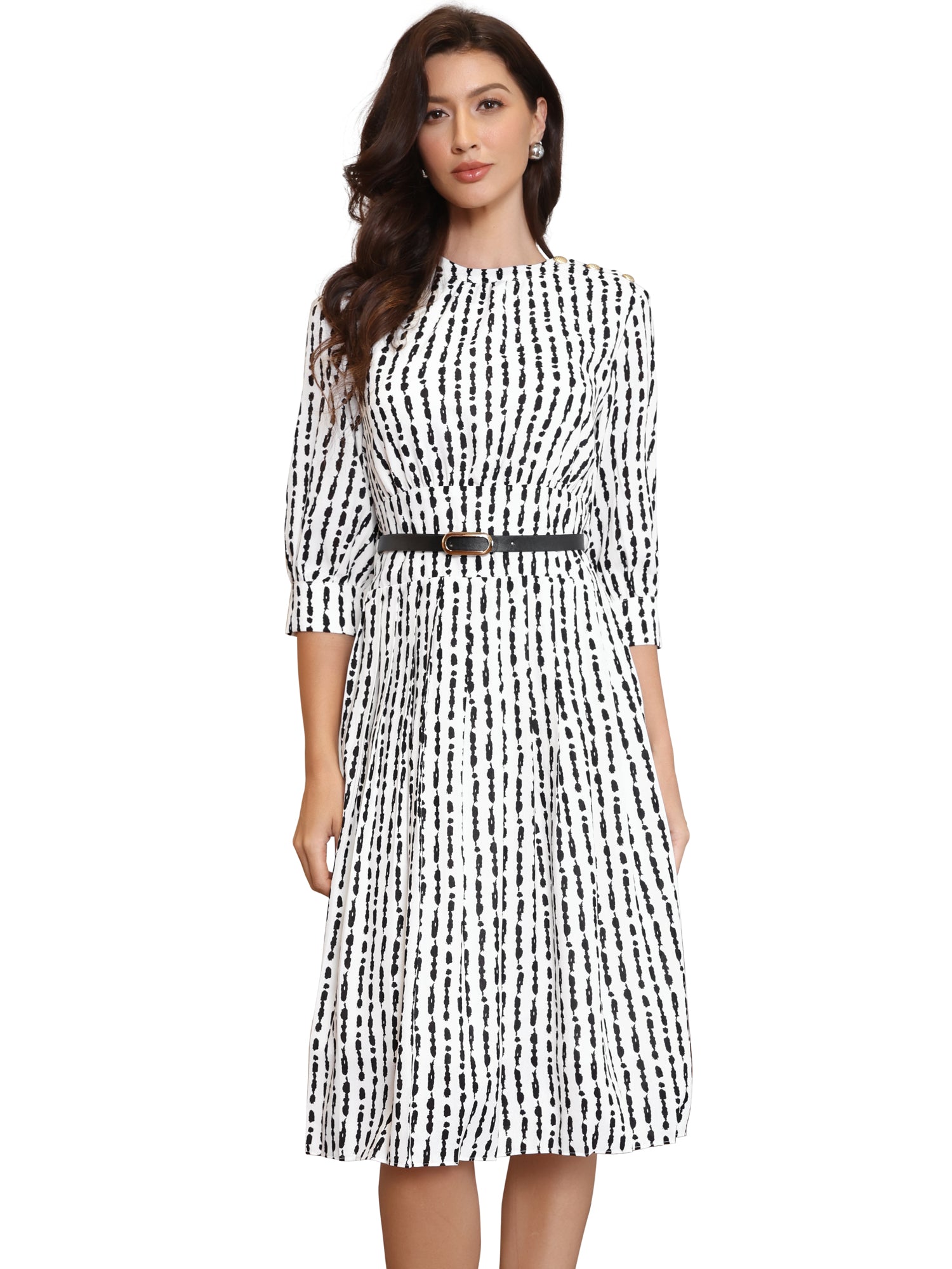 Boat Neck 3/4 Sleeve Belted Business Casual A-Line Dress