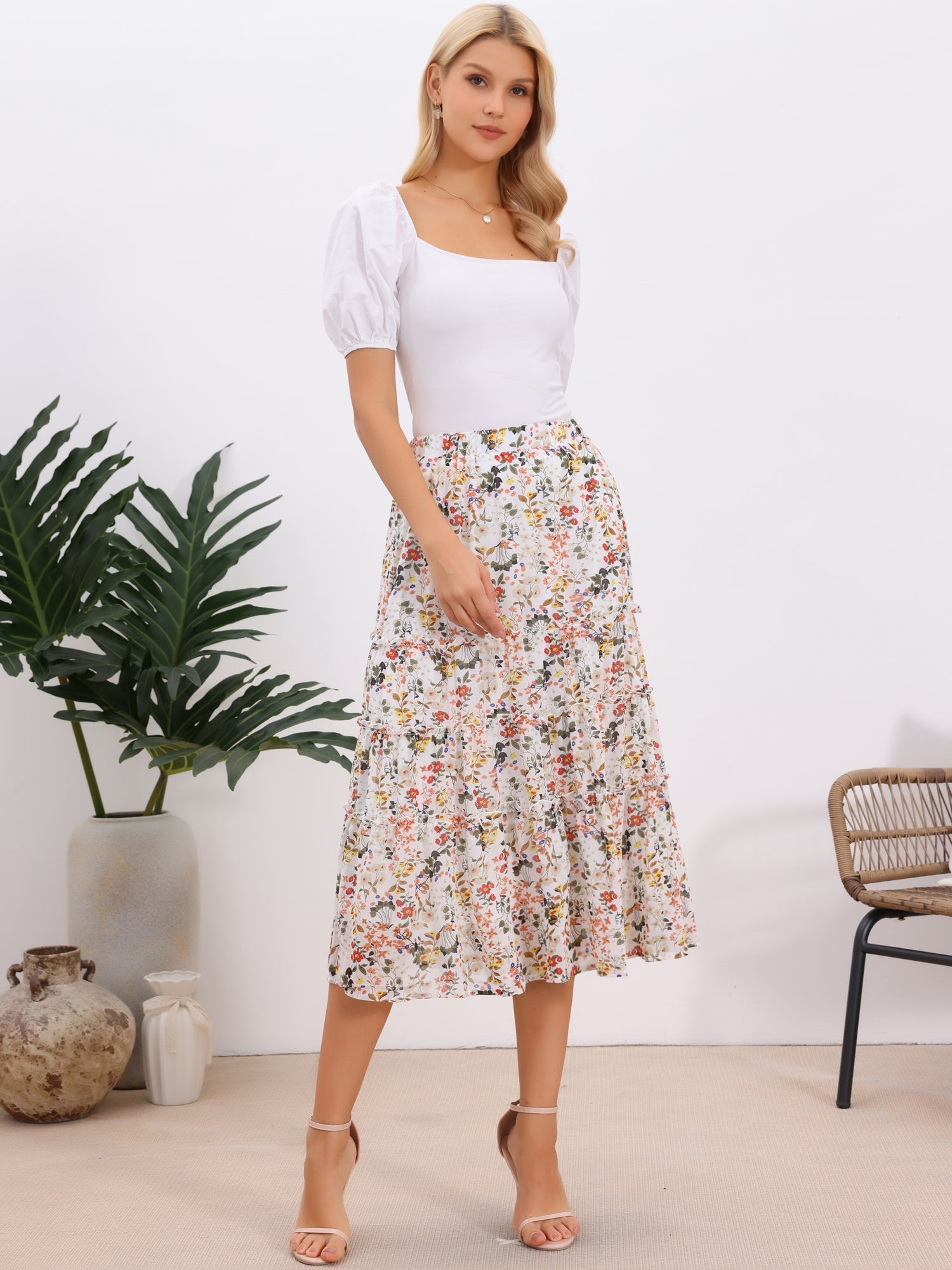 Chiffon Floral Printed Long Tiered Ruffle Boho Midi Skirt