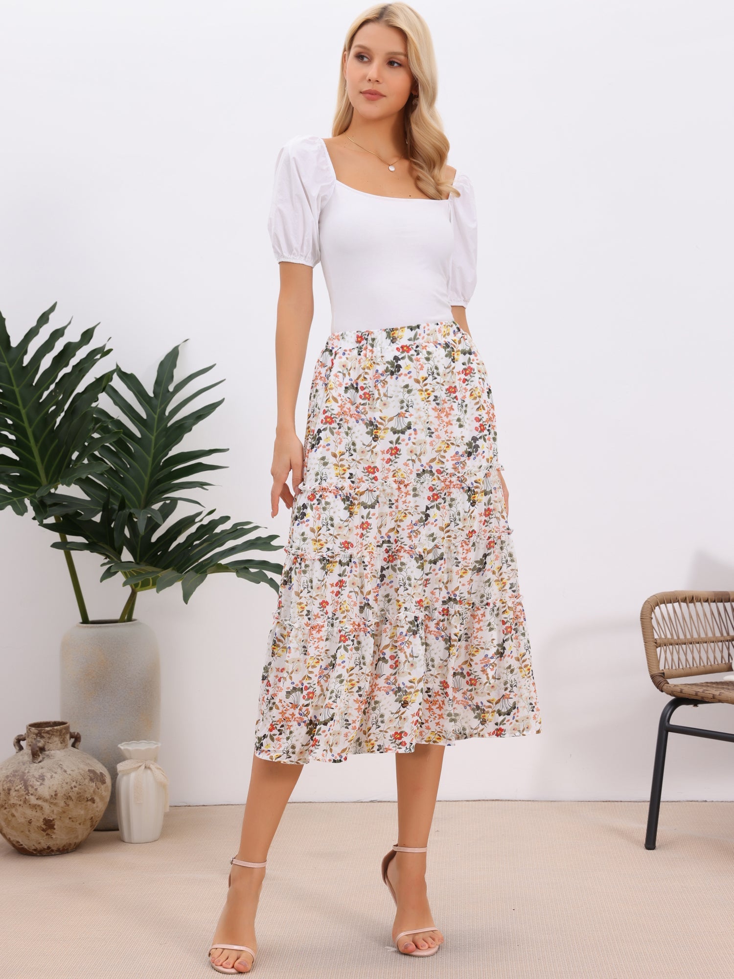 Chiffon Floral Printed Long Tiered Ruffle Boho Midi Skirt