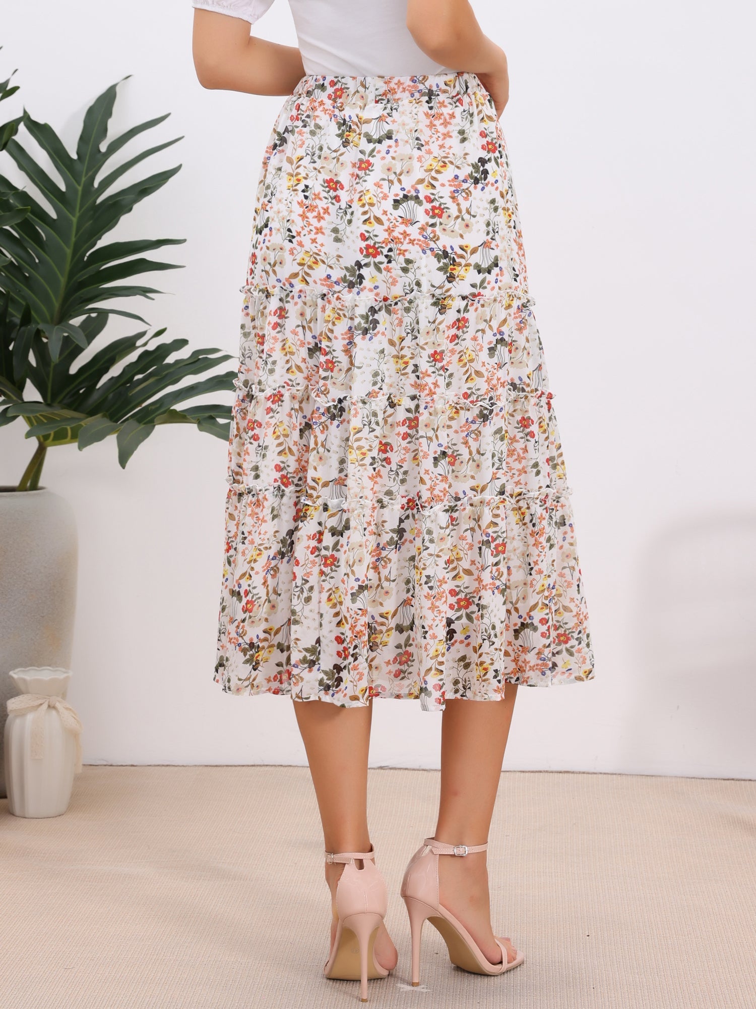 Chiffon Floral Printed Long Tiered Ruffle Boho Midi Skirt
