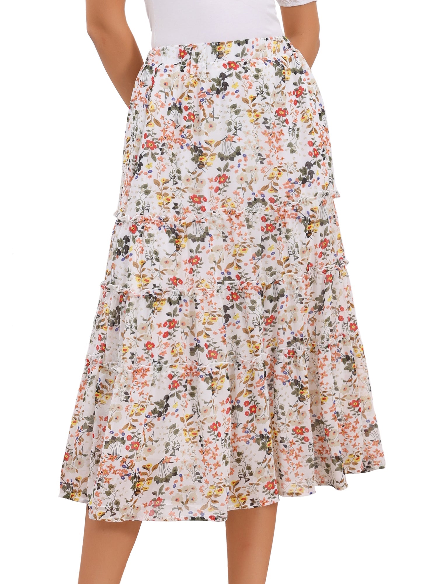 Chiffon Floral Printed Long Tiered Ruffle Boho Midi Skirt