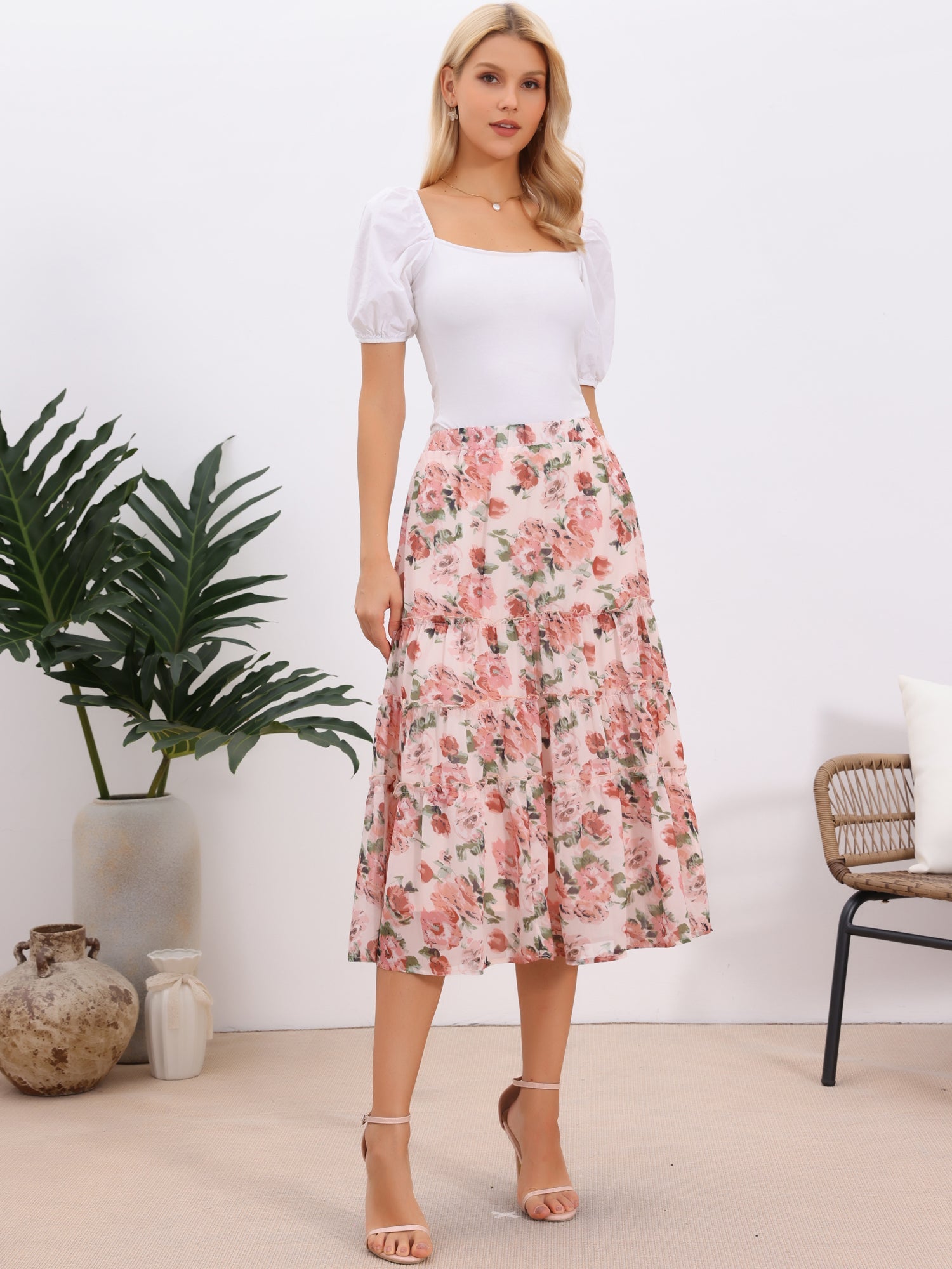Chiffon Floral Printed Long Tiered Ruffle Boho Midi Skirt