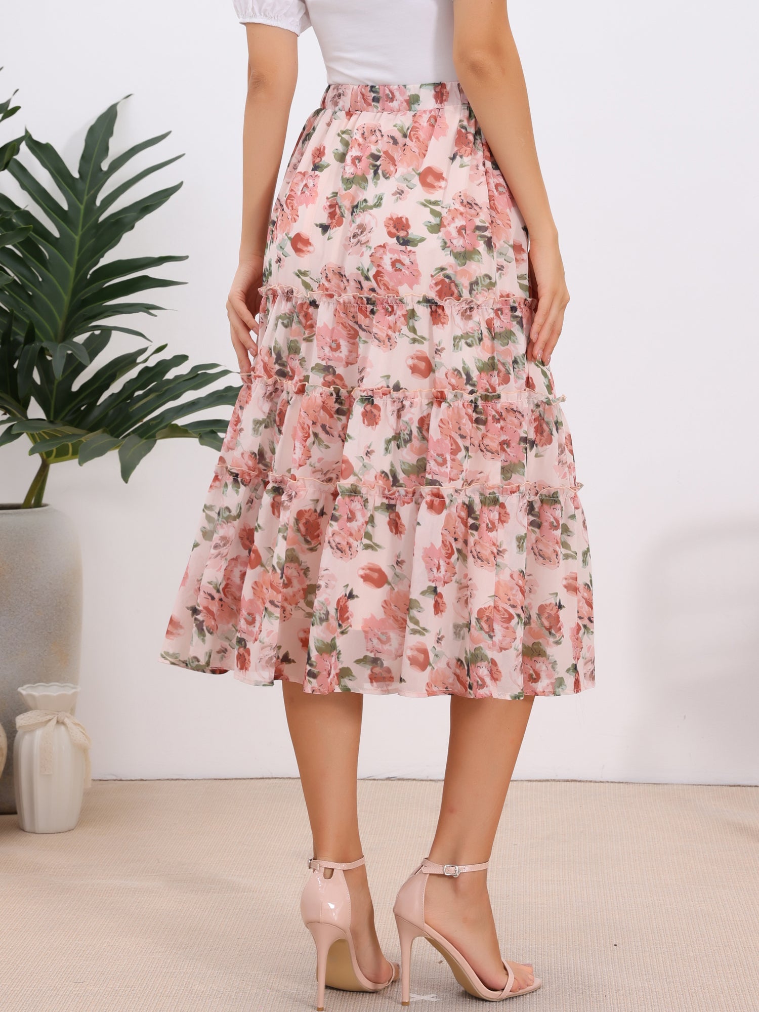 Chiffon Floral Printed Long Tiered Ruffle Boho Midi Skirt