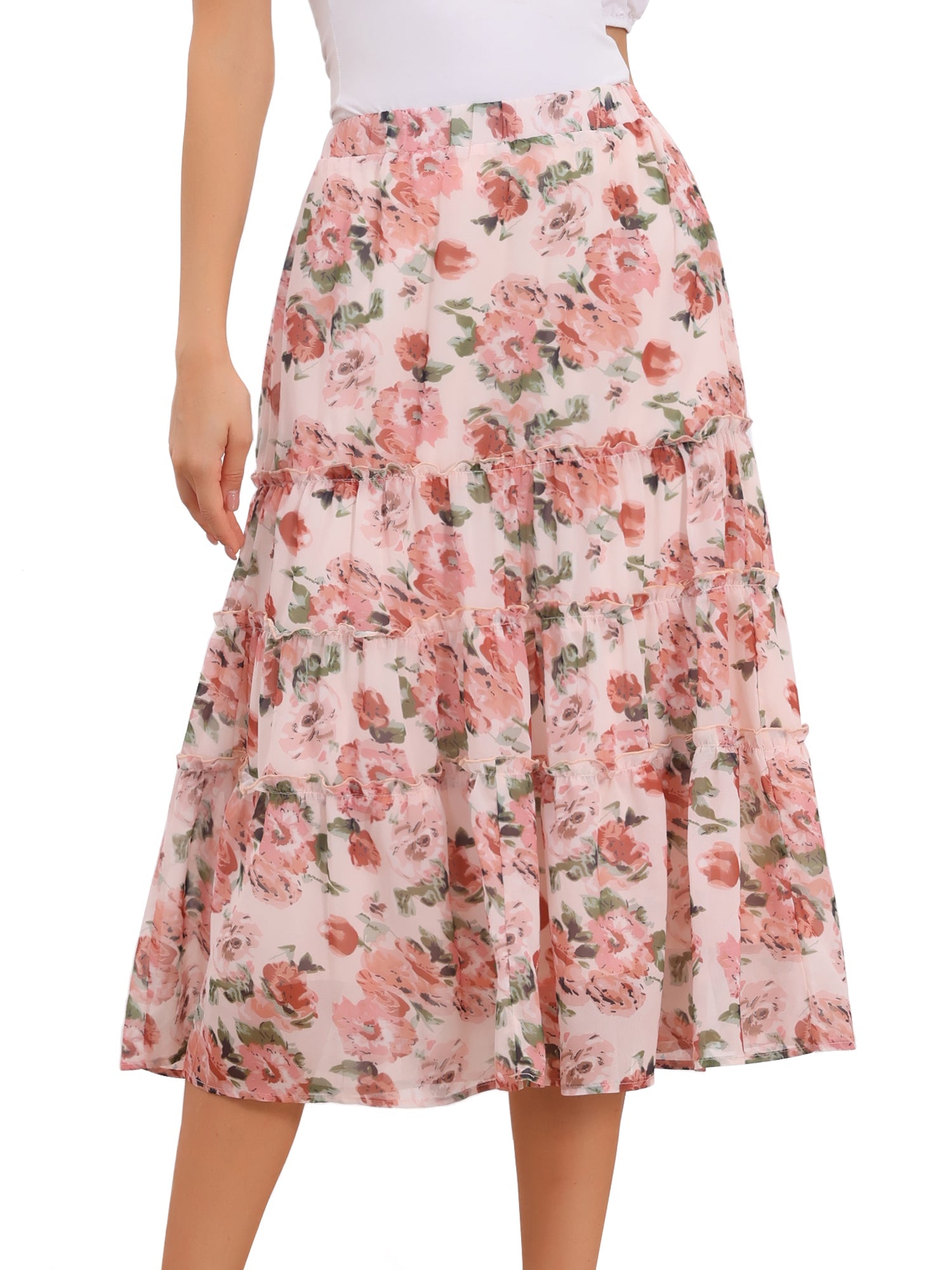 Chiffon Floral Printed Long Tiered Ruffle Boho Midi Skirt