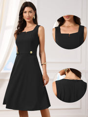 Square Neck Sleeveless Office Formal Work A-Line Dress