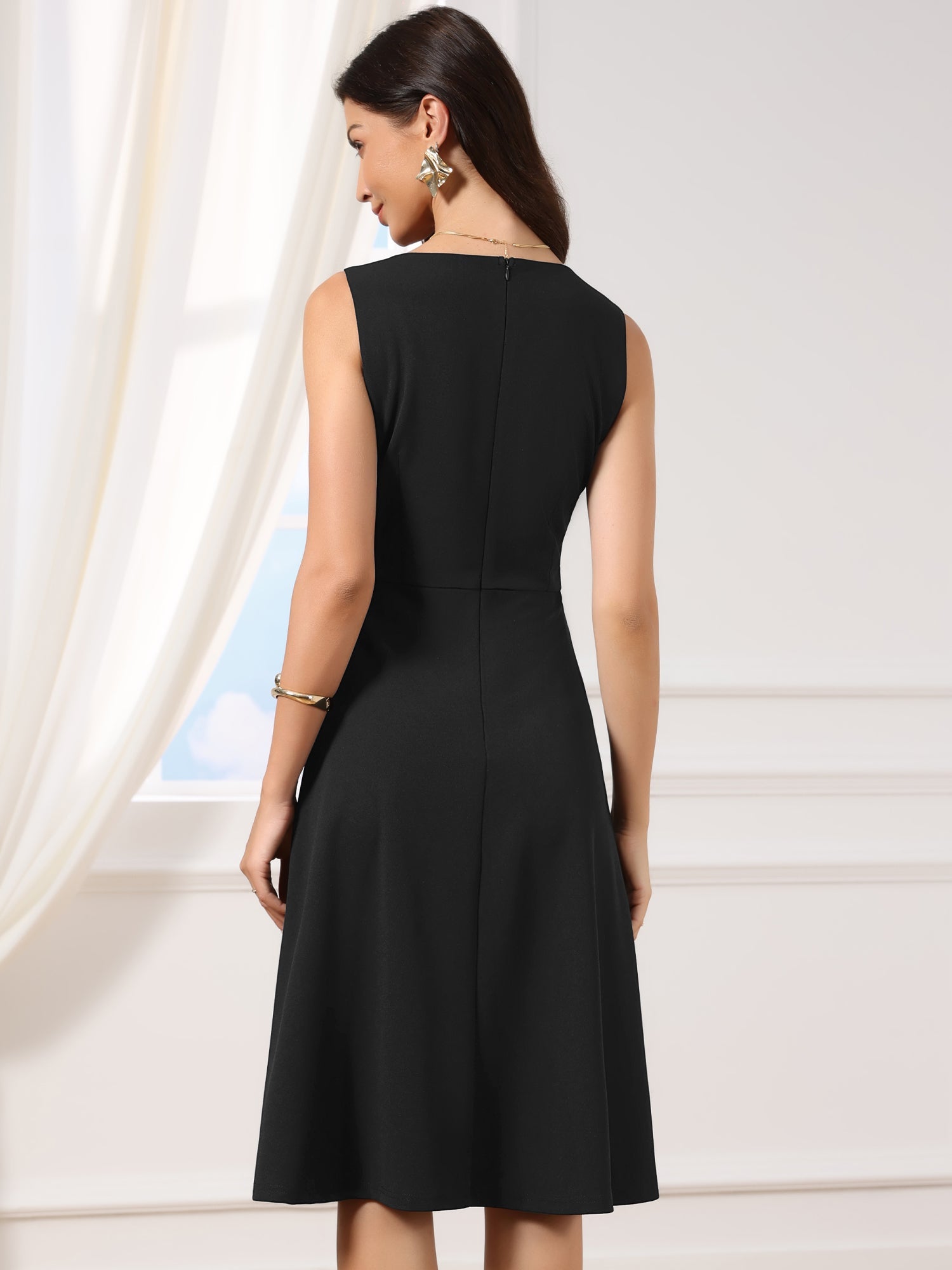 Square Neck Sleeveless Office Formal Work A-Line Dress