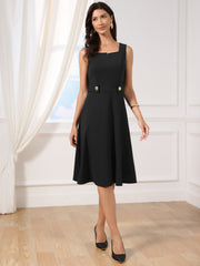 Square Neck Sleeveless Office Formal Work A-Line Dress