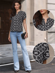 Boho Eyelet Notch Neck Petal Sleeve Cotton Blouse