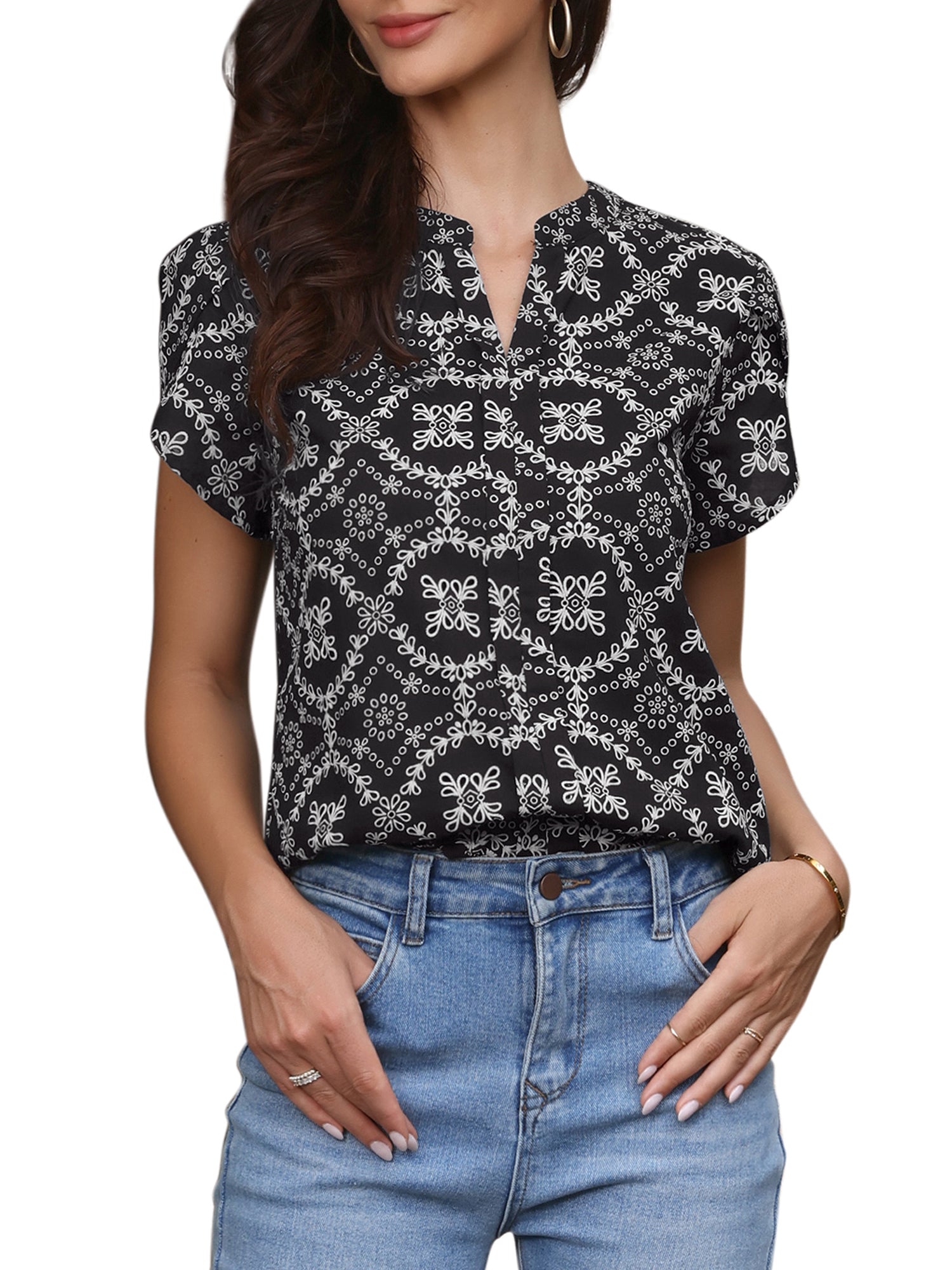 Boho Eyelet Notch Neck Petal Sleeve Cotton Blouse