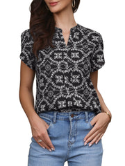 Boho Eyelet Notch Neck Petal Sleeve Cotton Blouse
