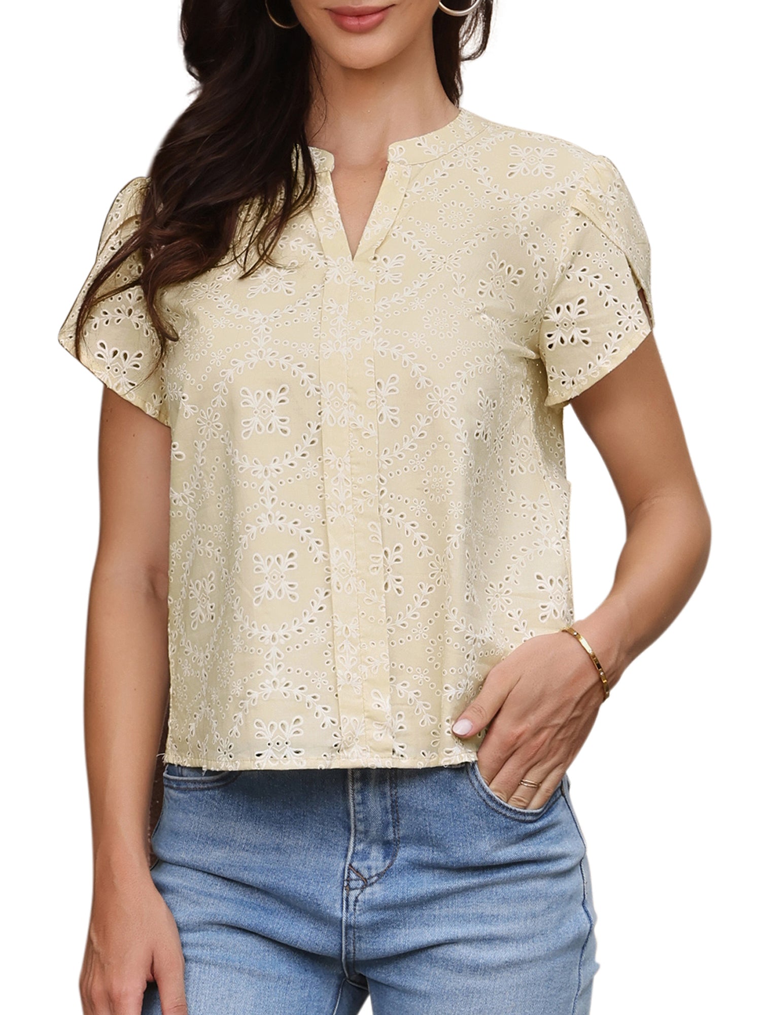 Boho Eyelet Notch Neck Petal Sleeve Cotton Blouse