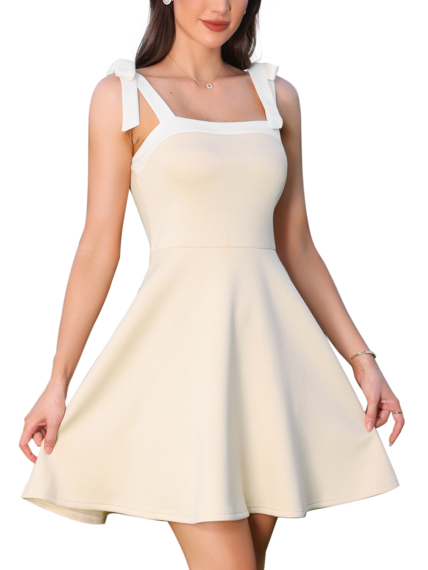 Tie Shoulder Square Neck A-Line Colorblock Mini Dress