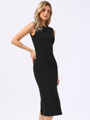 Boat Neck Sleeveless Fitted Slit Midi Sheath Dress