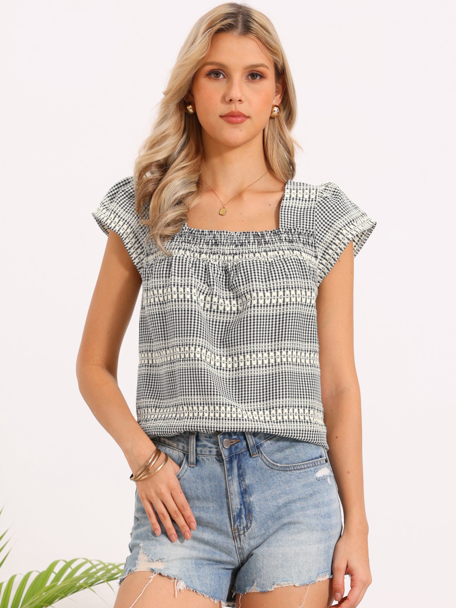 Gingham Square Neck Cap Sleeve Blouse