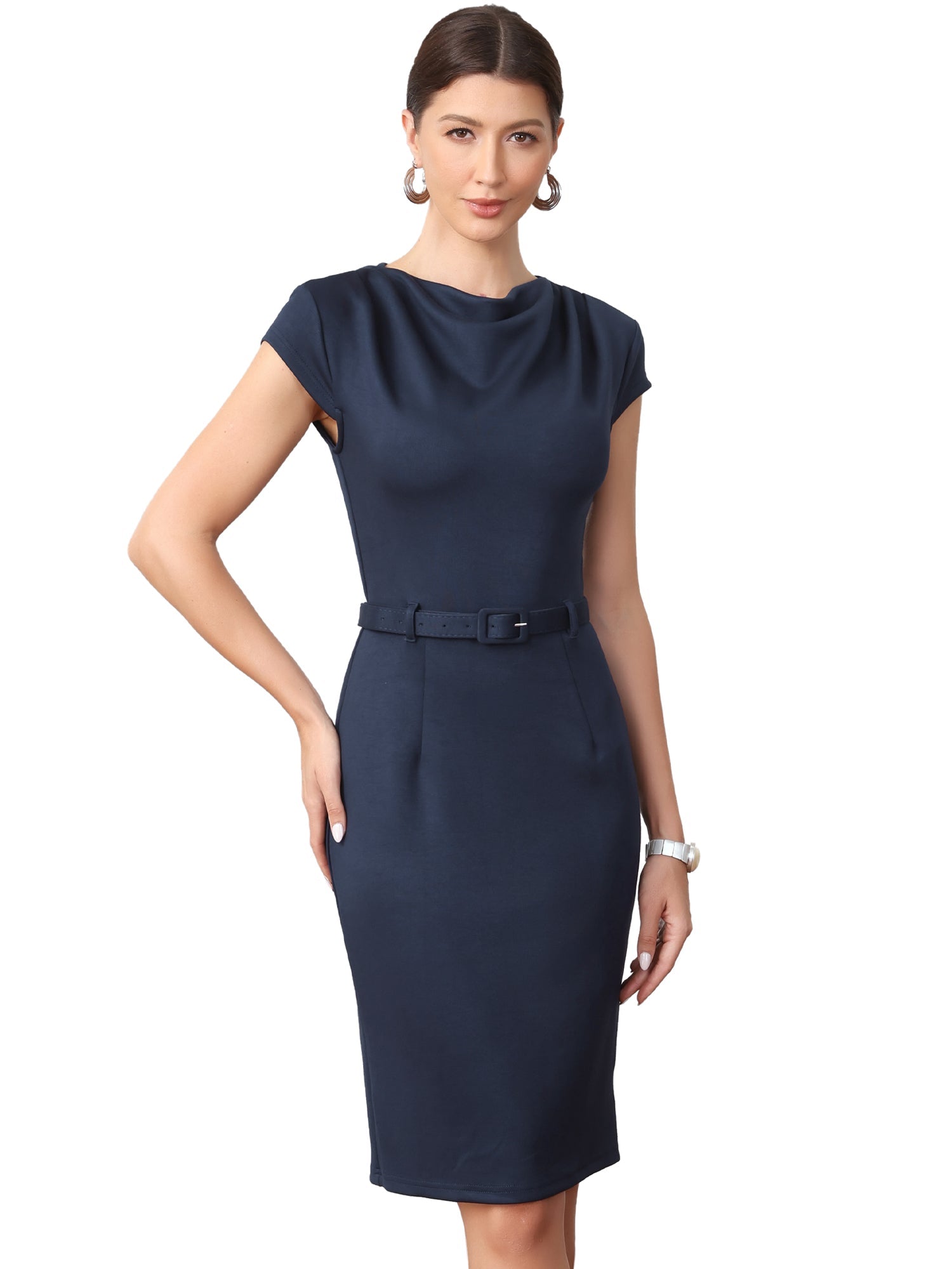 Cowl Neck Cap Sleeve Stretch Work Belted Sheath Dress