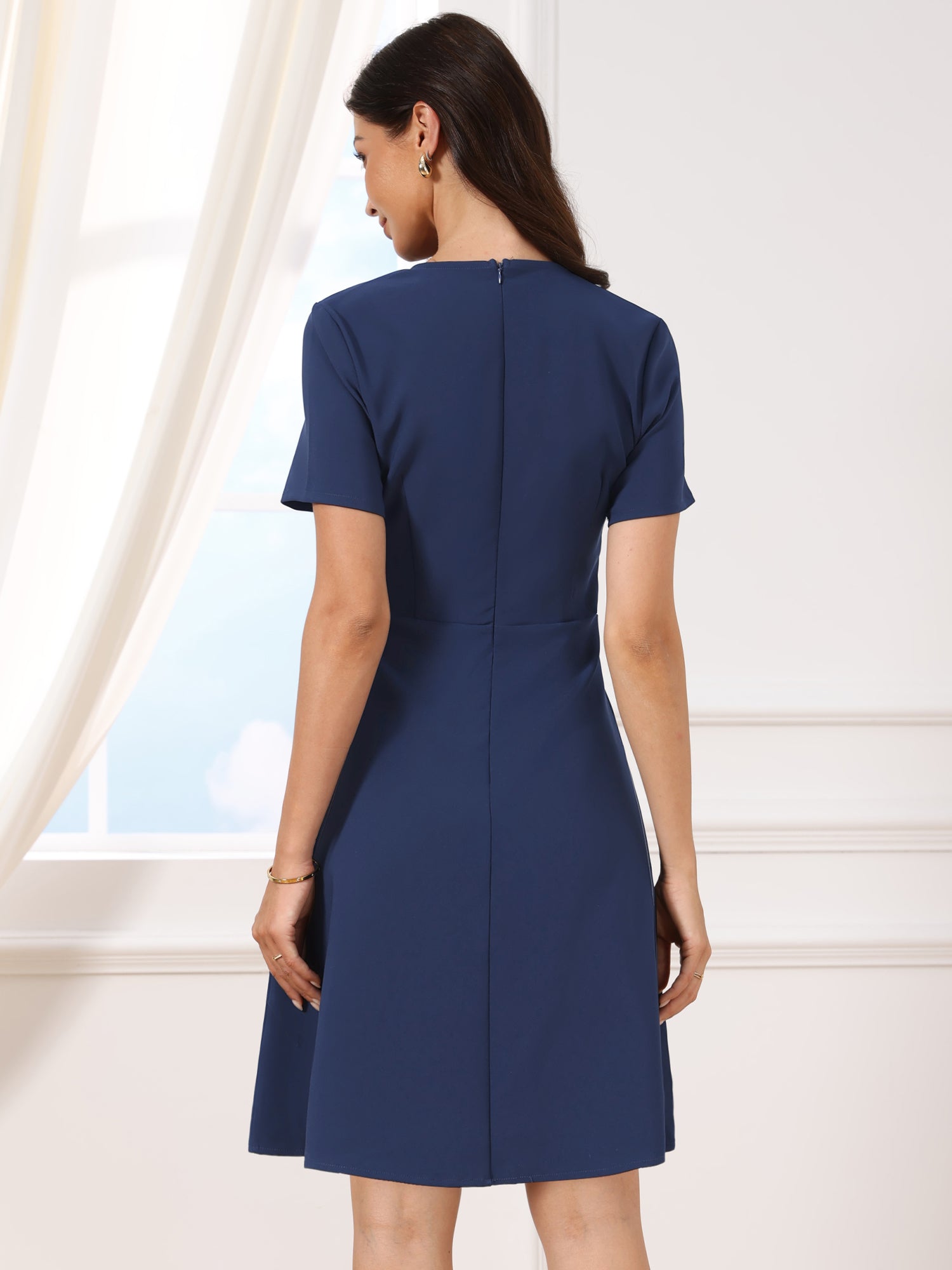 Notch Neck Short Sleeves Pockets Tweed Trim Dressy Office Dress
