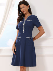 Notch Neck Short Sleeves Pockets Tweed Trim Dressy Office Dress