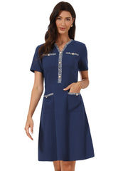 Notch Neck Short Sleeves Pockets Tweed Trim Dressy Office Dress