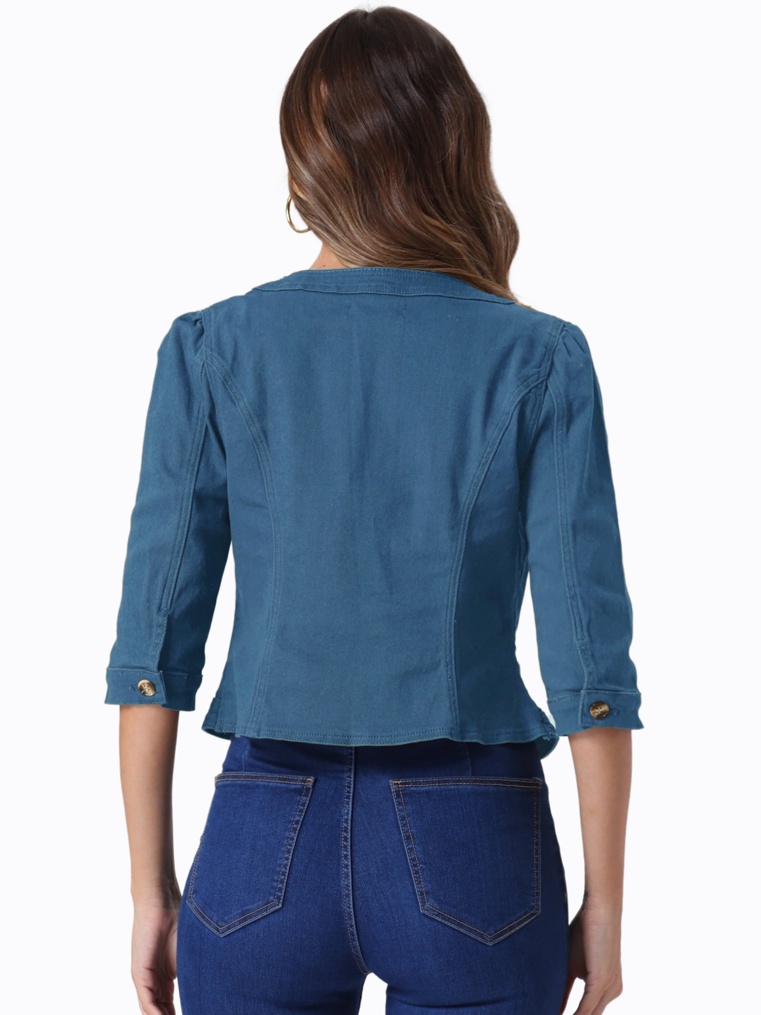 Denim Collarless Pockets 3/4 Sleeve Feminine Style Jacket