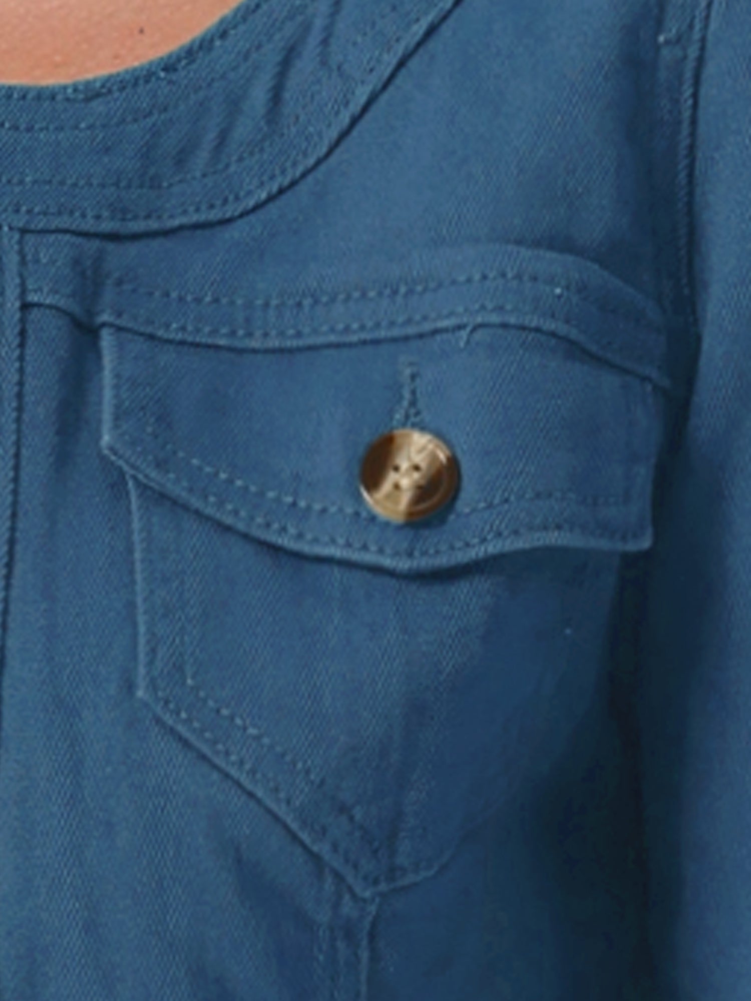 Denim Collarless Pockets 3/4 Sleeve Feminine Style Jacket