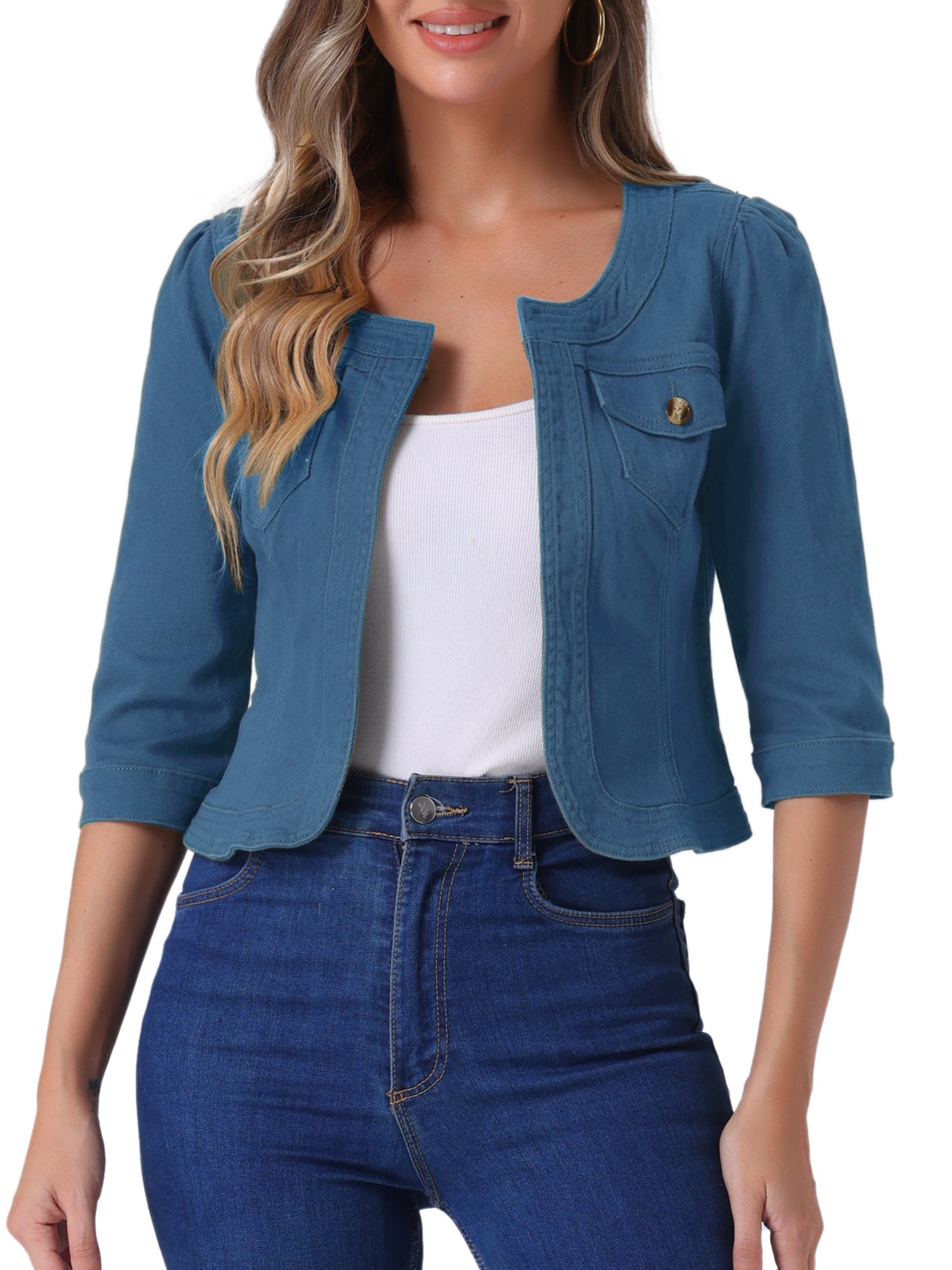 Denim Collarless Pockets 3/4 Sleeve Feminine Style Jacket