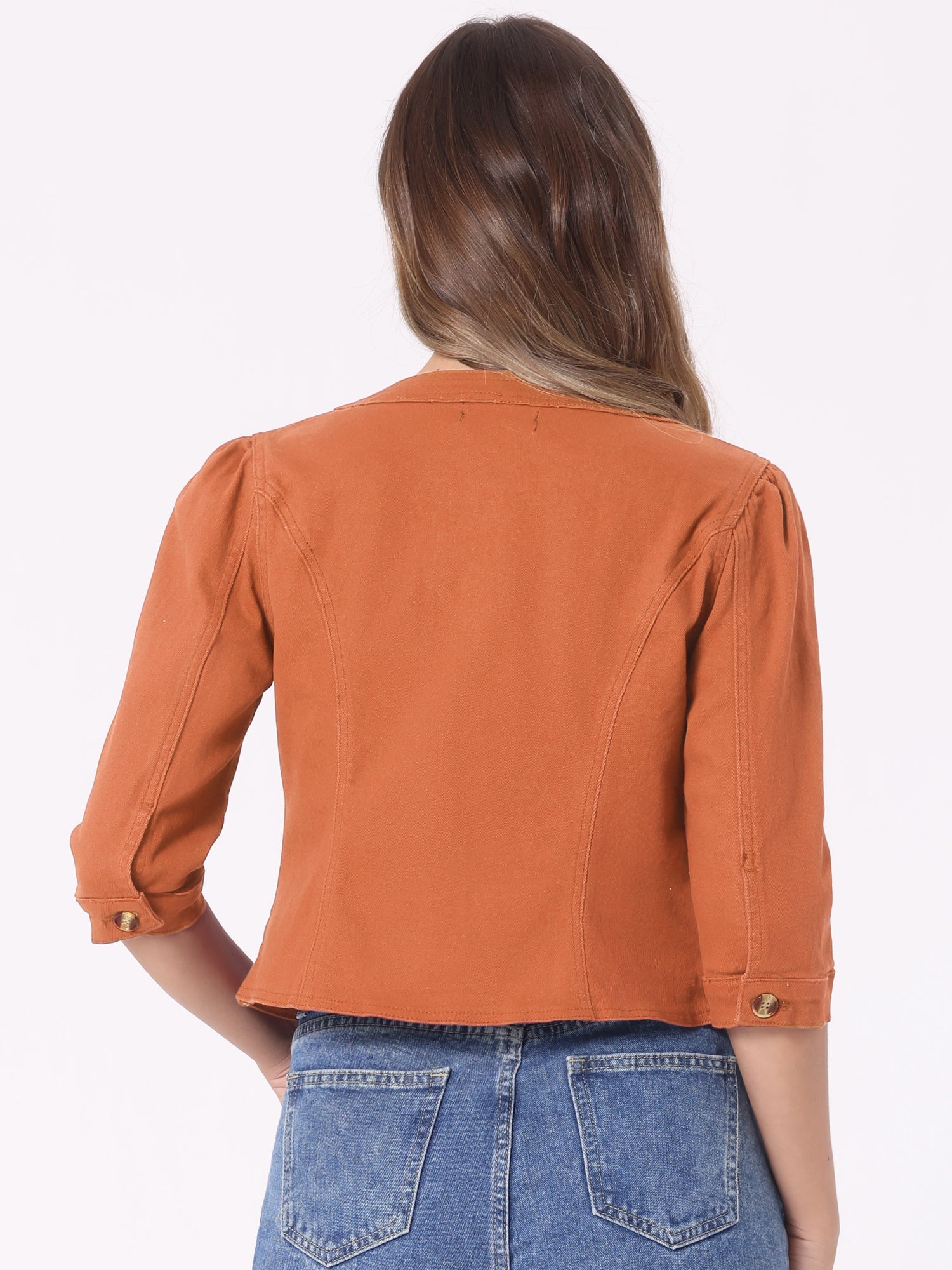 Denim Collarless Pockets 3/4 Sleeve Feminine Style Jacket