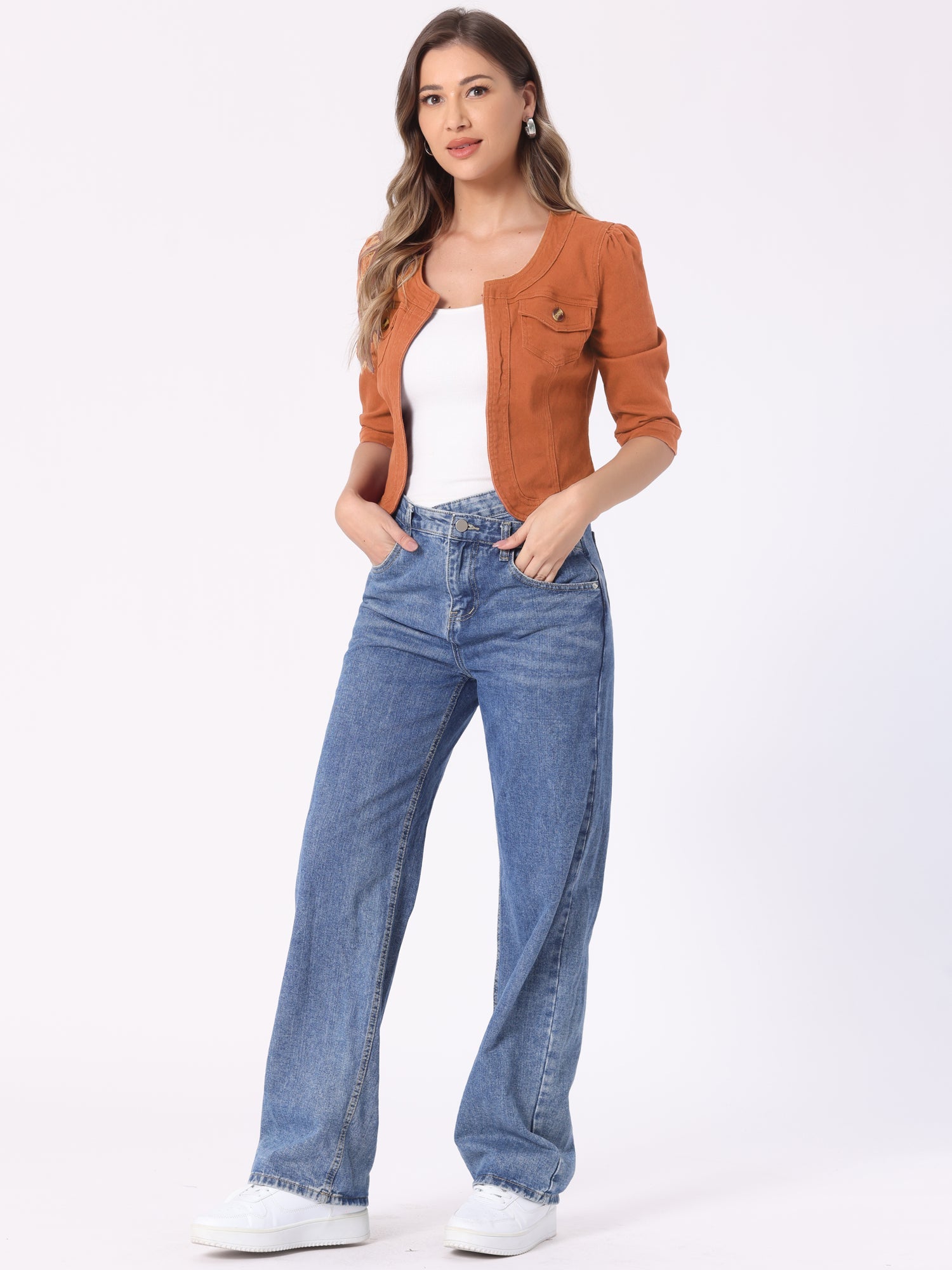 Denim Collarless Pockets 3/4 Sleeve Feminine Style Jacket