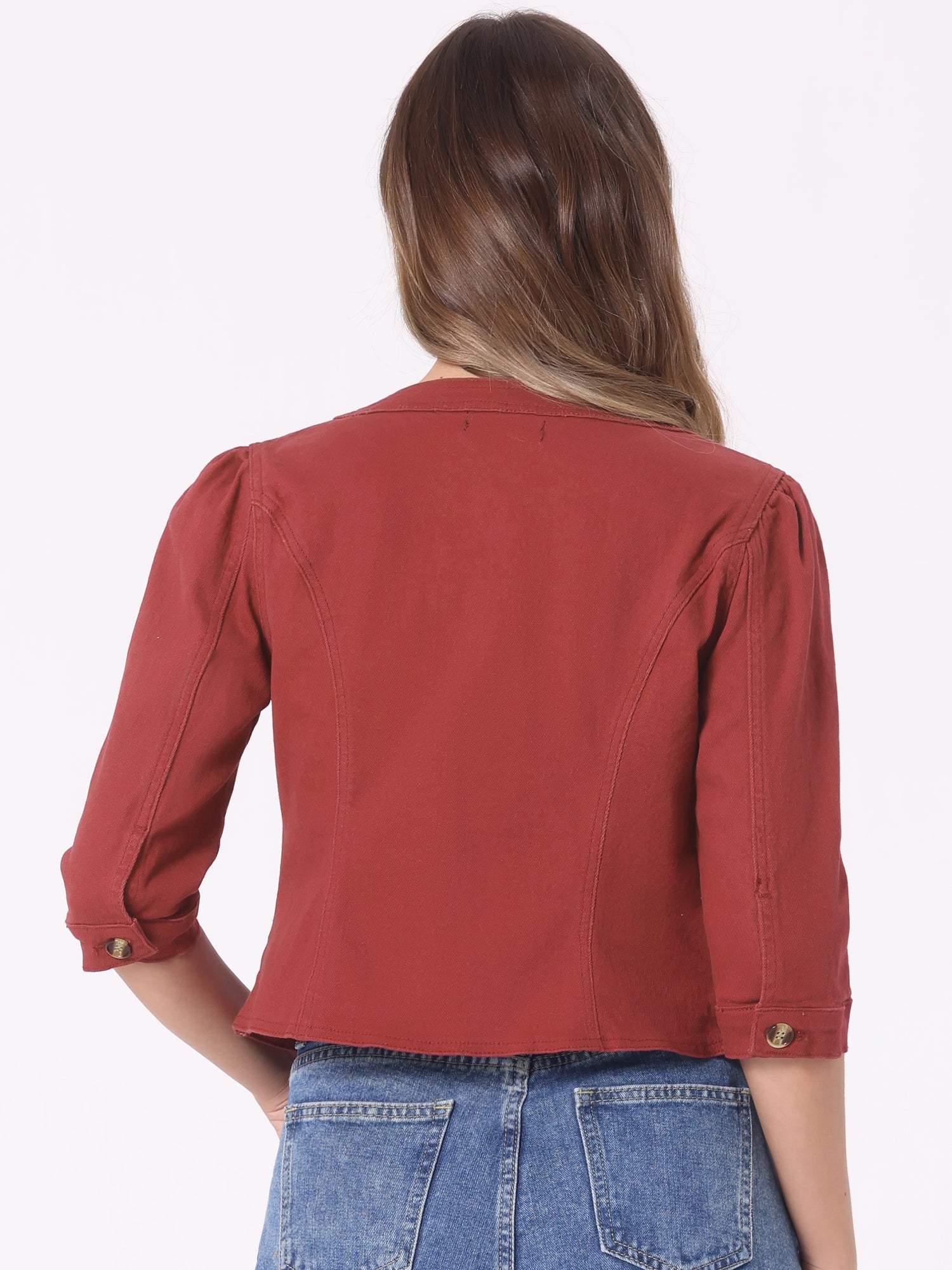 Denim Collarless Pockets 3/4 Sleeve Feminine Style Jacket