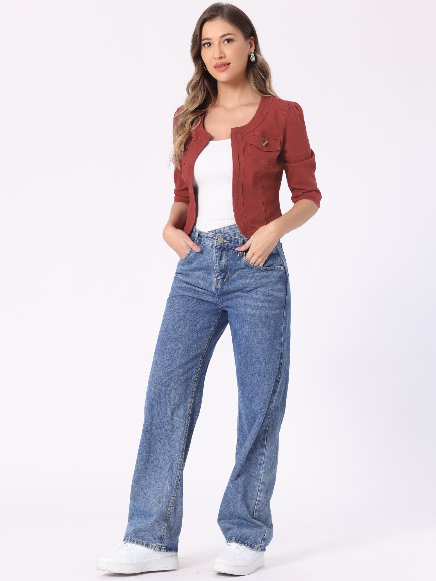 Denim Collarless Pockets 3/4 Sleeve Feminine Style Jacket