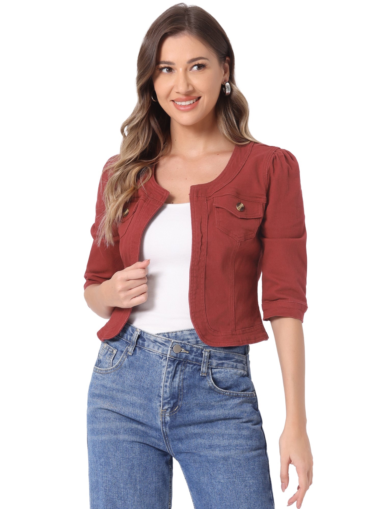 Denim Collarless Pockets 3/4 Sleeve Feminine Style Jacket