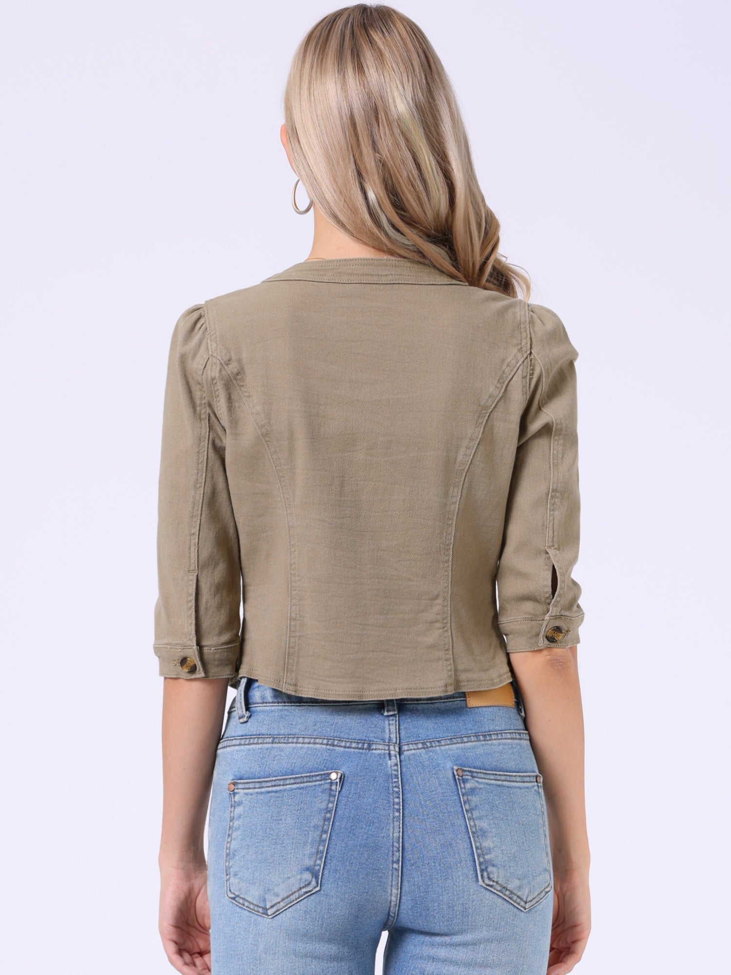 Denim Collarless Pockets 3/4 Sleeve Feminine Style Jacket