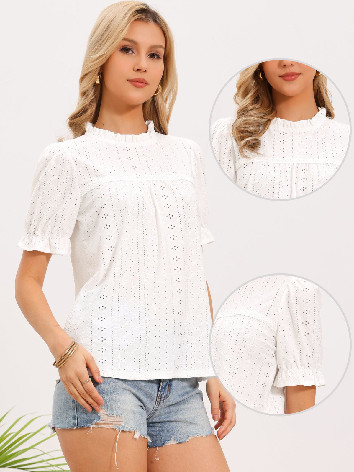 Eyelet Ruffled Puff Sleeve Casual Blouse