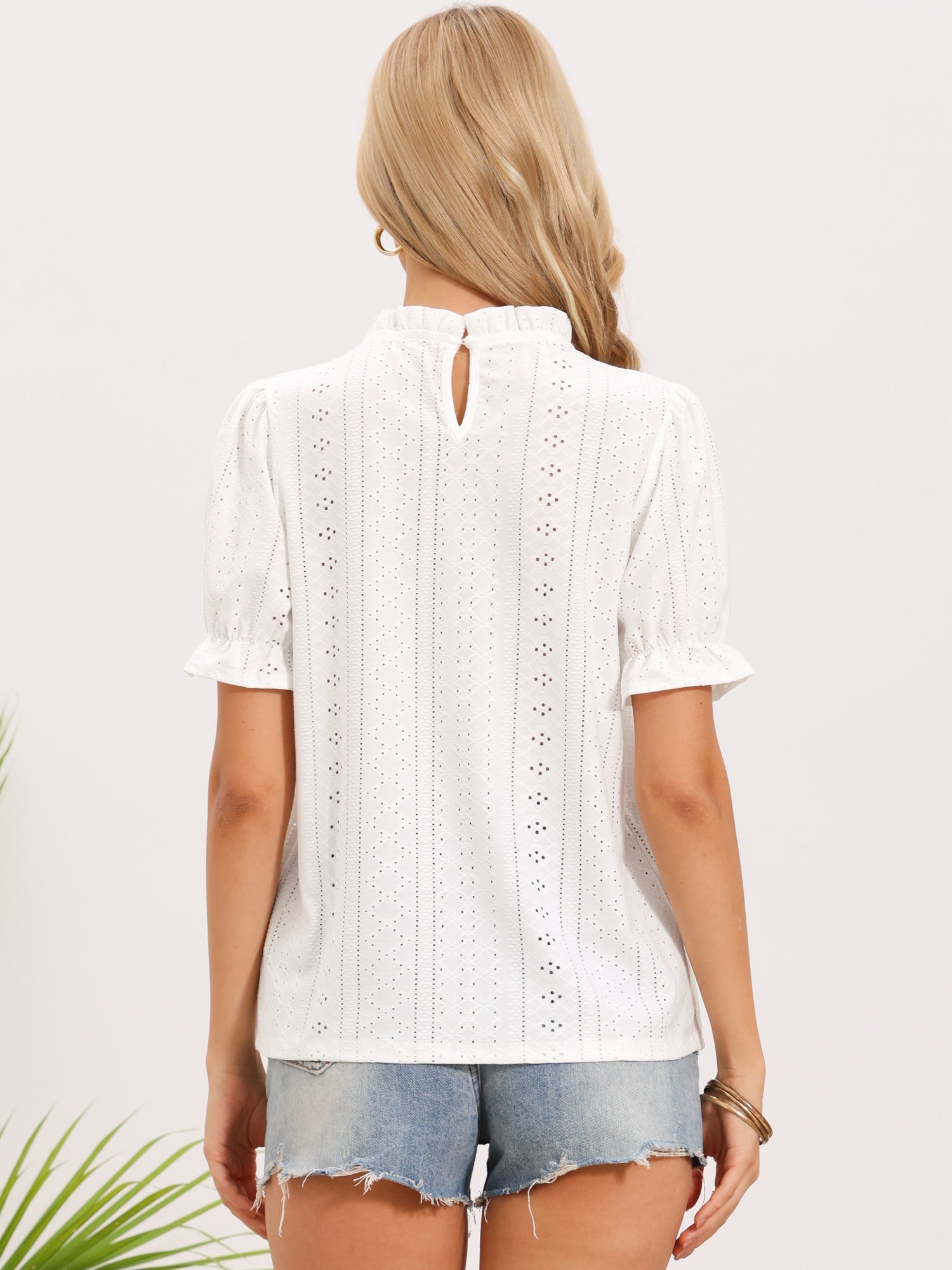 Eyelet Ruffled Puff Sleeve Casual Blouse