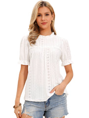 Eyelet Ruffled Puff Sleeve Casual Blouse